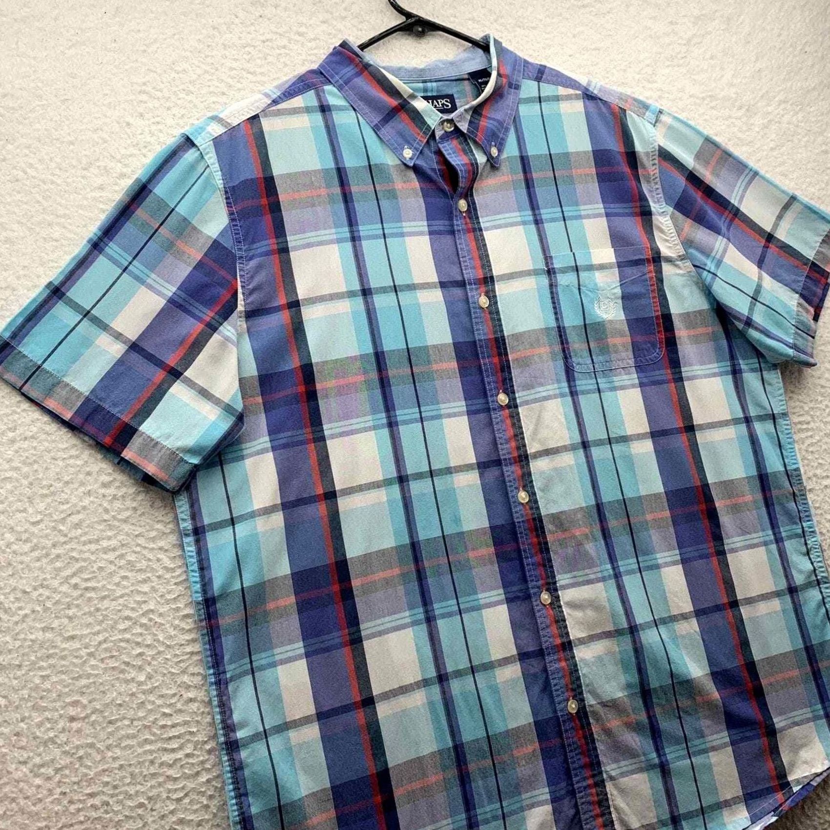 Chaps Keywords: "Chaps," "Shirt," "Easy Care," "Mens," "XL," "Blue," "White Plaid," "Casual," "Comfort," "Dad," "Preppy" - all highly relevant to the item Size US XL / EU 56 / 4 - 2 Thumbnail