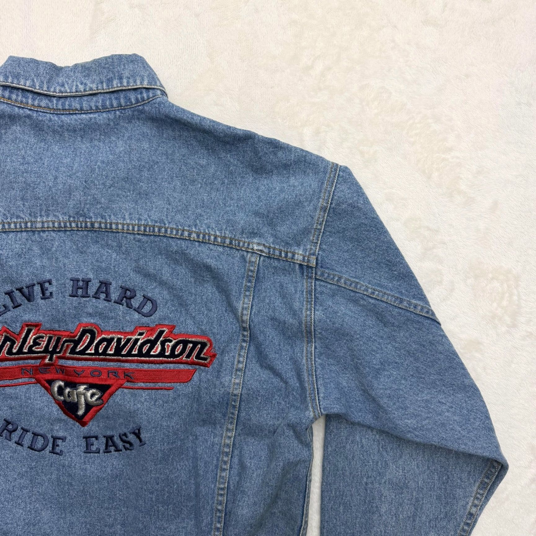 Harley Davidson VINTAGE Harley-Davidson NY Jacket Mens Large Blue Denim Cafe Embroidered 90s Size US L / EU 52-54 / 3 - 4 Thumbnail