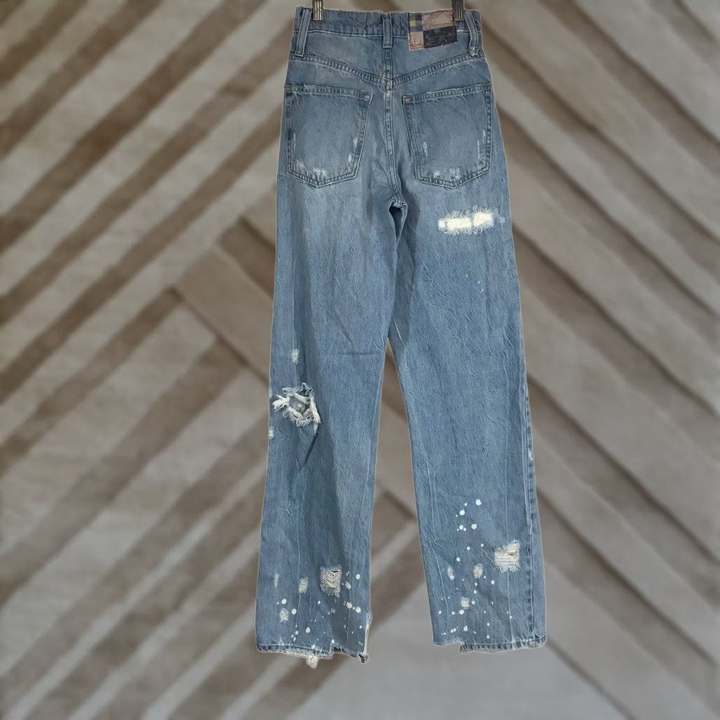 Vintage Free People Jeans Blue 24 Distressed Paint Splatter Straight Leg Womens Size 42" / US 20 - 1 Thumbnail