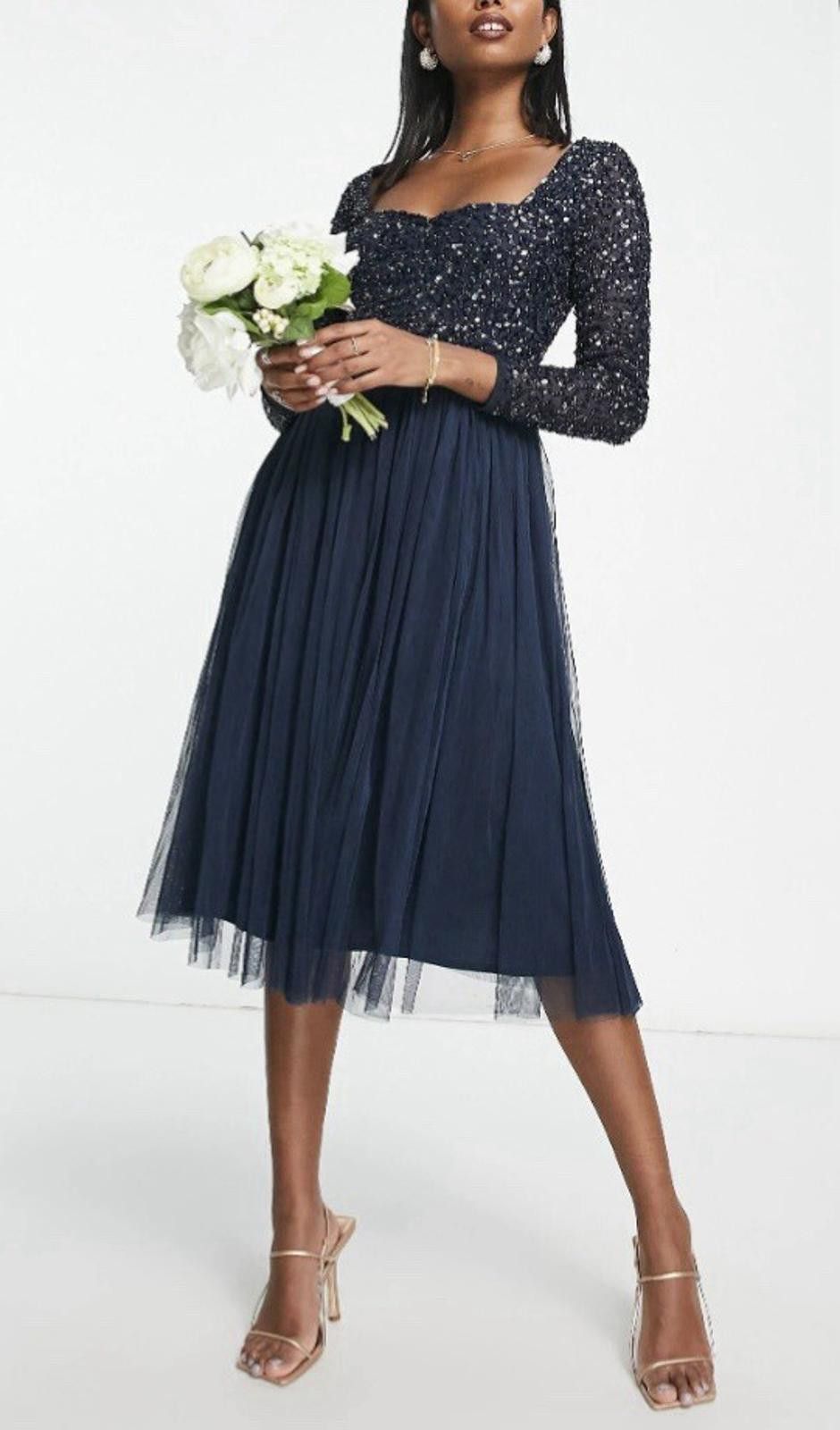 Issey Miyake Maya Bridesmaids long sleeve midi dress navy blue UK 8 NEWs Size S / US 4 / IT 40 - 1 Thumbnail