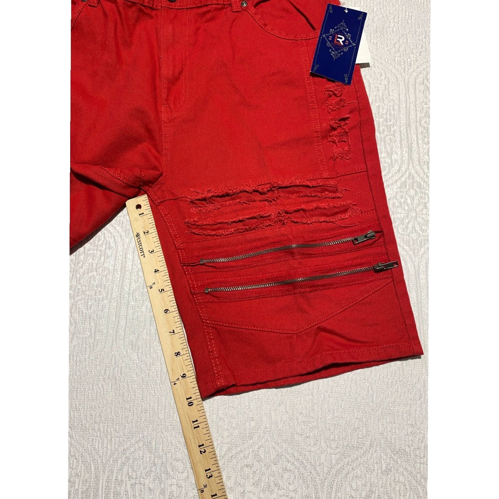 Denime LR Scoop Bermuda Shorts Men 38 Red Distressed Zipper Pockets 5-Pocket Denim Cotton Casual Shorters Size US 38 / EU 54 - 7 Thumbnail