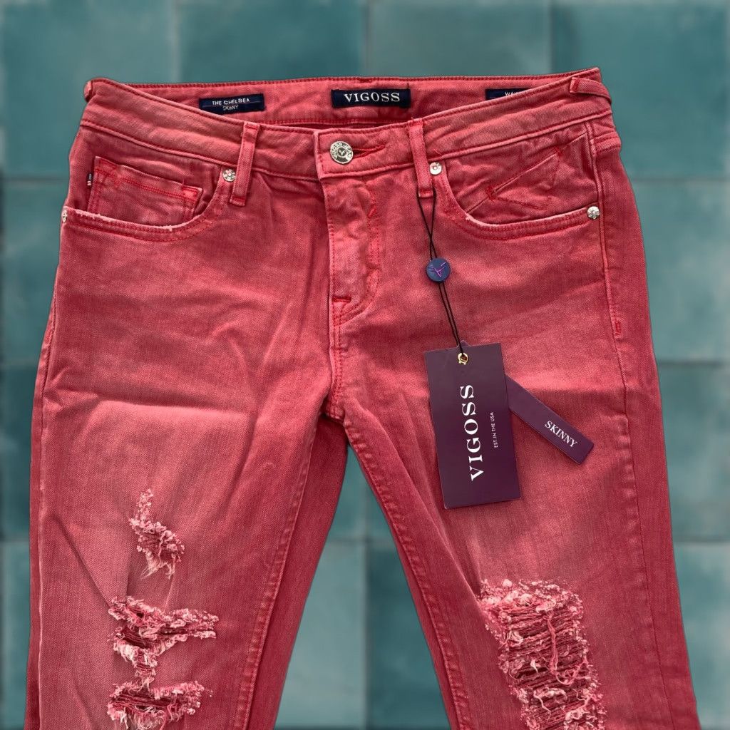 Vintage VIGOSS Chelsea Skinny Jeans Women's 27 Pink Denim Distressed Grunge Stretch 5-Pocket Inseam 28 Dark Pink Size 27" / US 4 / IT 40 - 1 Thumbnail