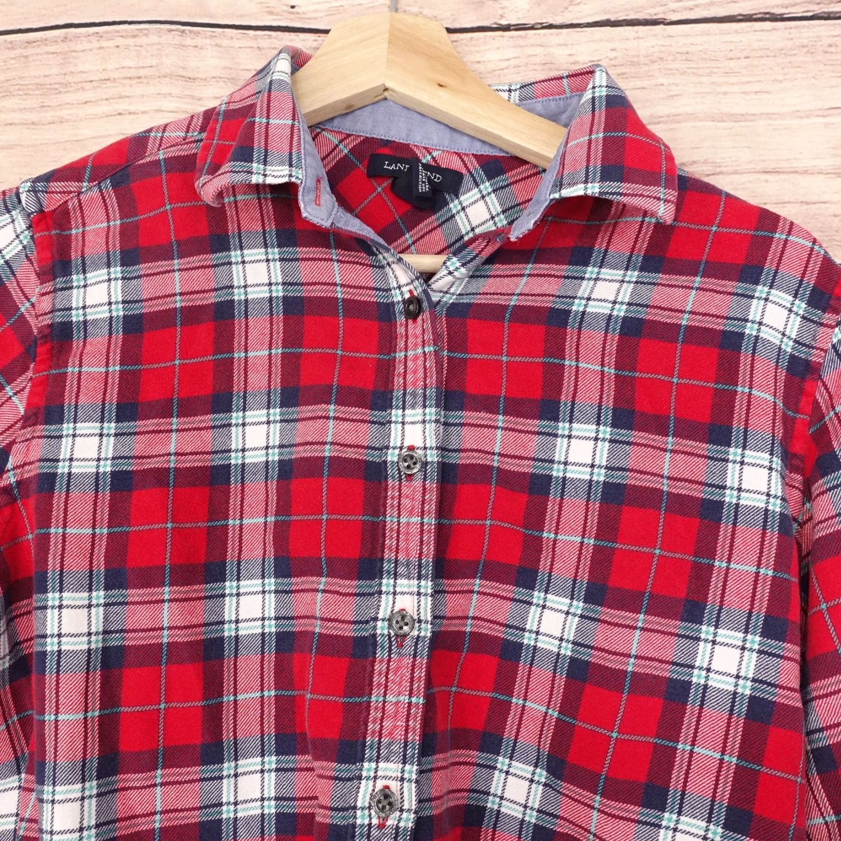 Lands' End Lands' End Women’s Medium Red Plaid Flannel Shirt Long Sleeve Button Up Casual Classic Size M / US 6-8 / IT 42-44 - 2 Thumbnail