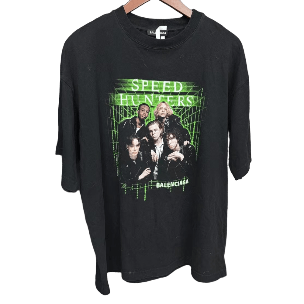 image of Balenciaga Speed Hunters Matrix Green Print Tee in Black, Men's (Size Small)