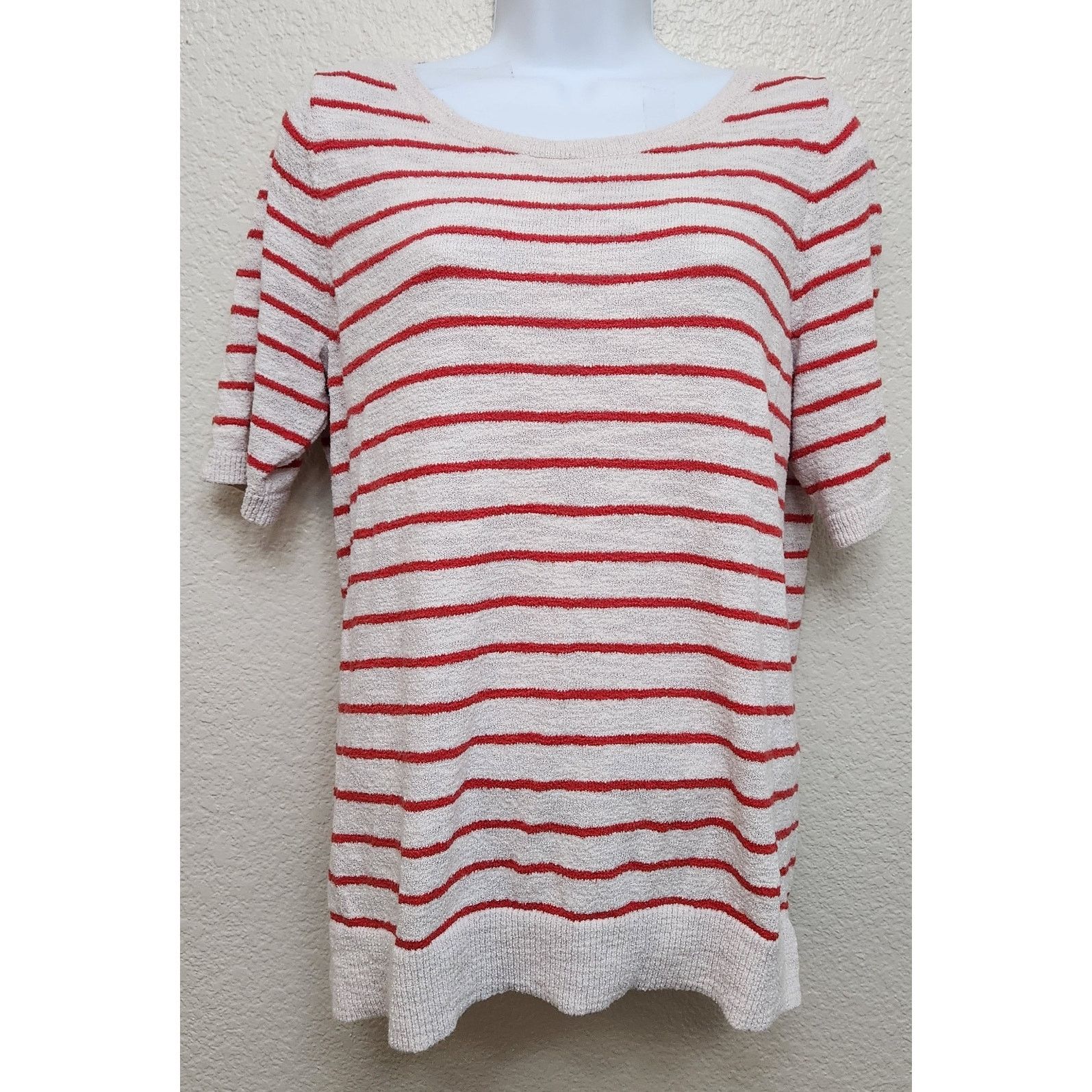 Loft Loft Red Cream Striped Tight Knit Top Large Lightweight Soft Size L / US 10 / IT 46 - 1 Thumbnail