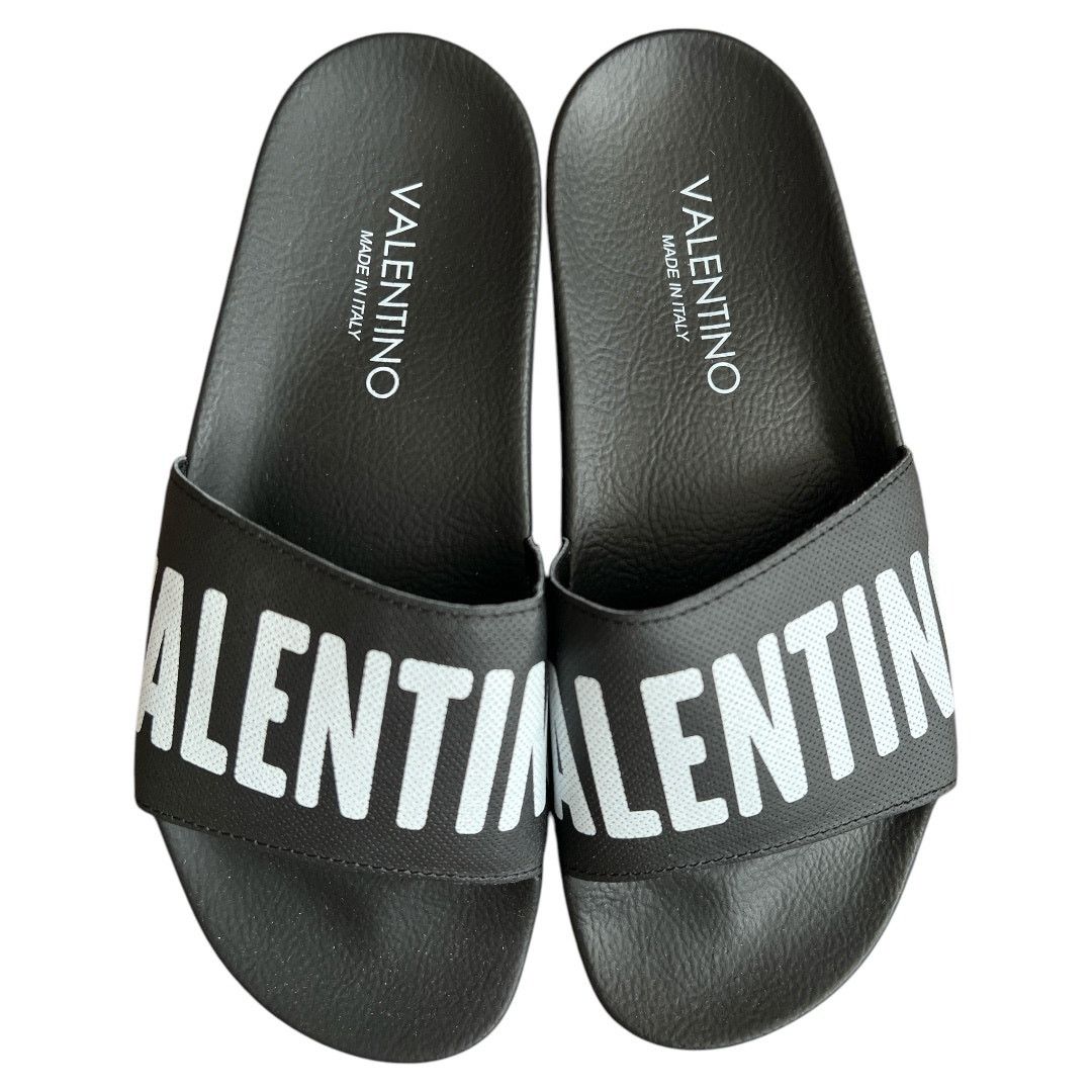 VALENTINO Black Footbed Gaia Leather Slide Sandals, IT41/US8