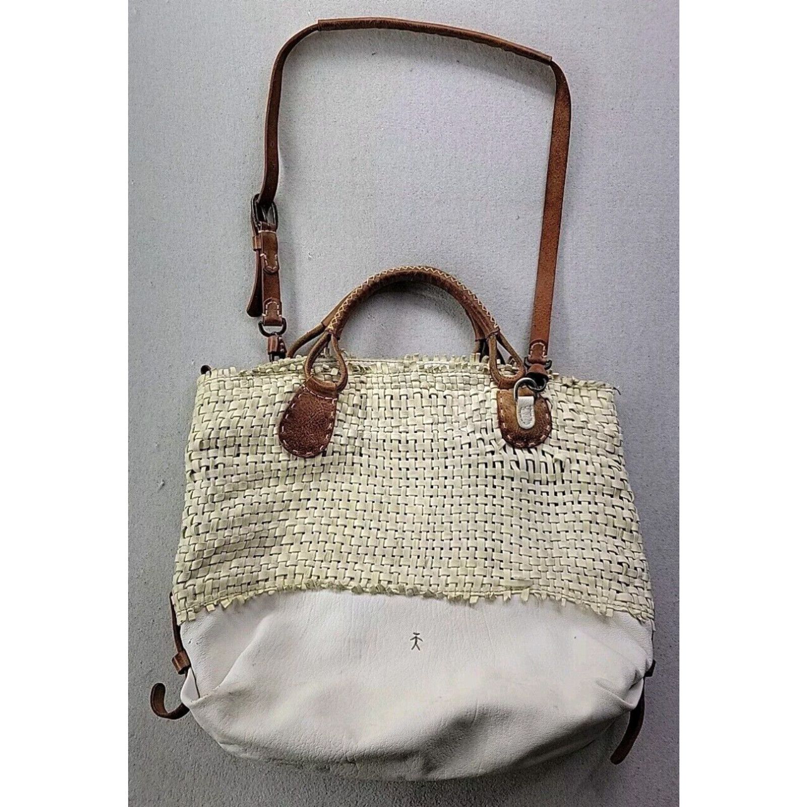 image of Vintage Henry Beguelin Leather Bag Woven Latticework Beige Crossbody Tote Boho Hippie in White, Wom