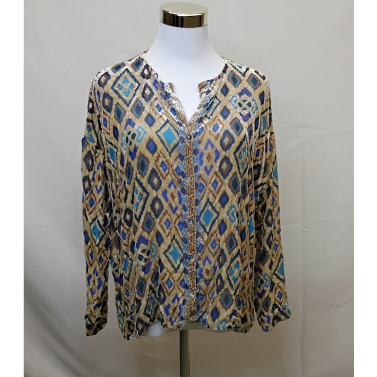 Johnny Was Johnny Was Velvet and Mesh Blouse Top Women's S Tan Blue Size S / US 4 / IT 40 - 2 Thumbnail