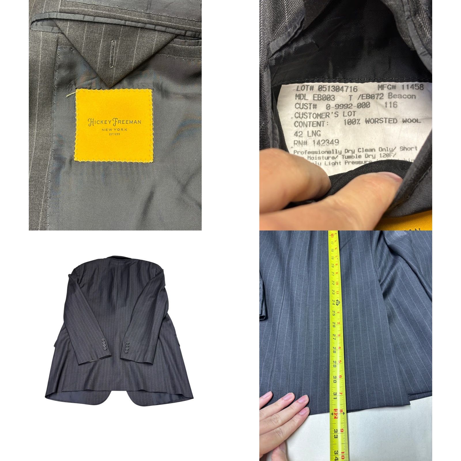 Loro Piana Hickey Freeman Blazer Loro Piana Super 150s Wool Pinstripe 42L Charcoal Size 42R - 8 Thumbnail