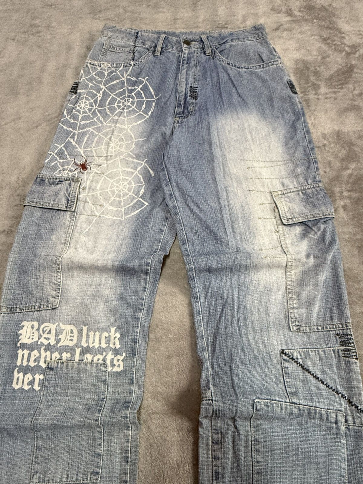 JNCO × Japanese Brand × Spyder Vintage Spider Web Poems Japanese baggy Cargo Denim Pants Size US 30 / EU 46 - 4 Thumbnail