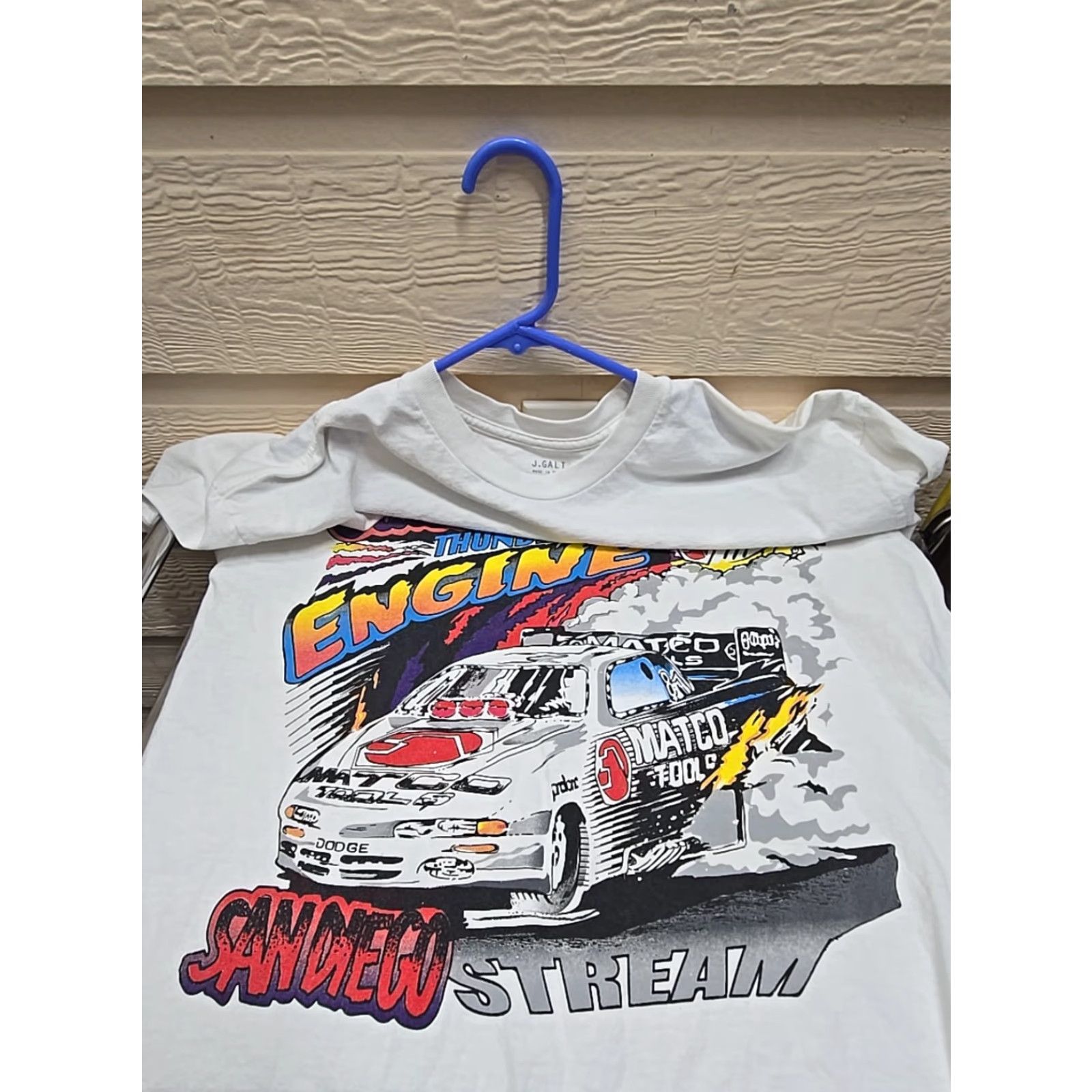 Vintage J Galt San Diego Wild Winds Oldschool Thunder Engine Car Racing T-Shirt One Size White Cotton Unisex Adults Short Sleeve Crew Neck Regular Fit Size US M / EU 48-50 / 2 - 8 Thumbnail