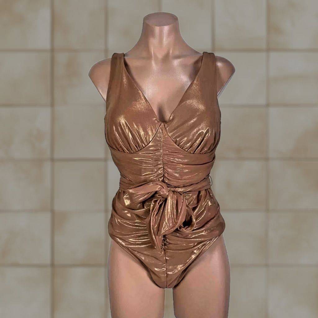 Vintage SwimsuitsForAll RoseGold Metallic Tie Front Gabifresh Size 14 D/DD One Piece Swim Skirt Adult Womens Navy Gold DD Size ONE SIZE - 1 Thumbnail