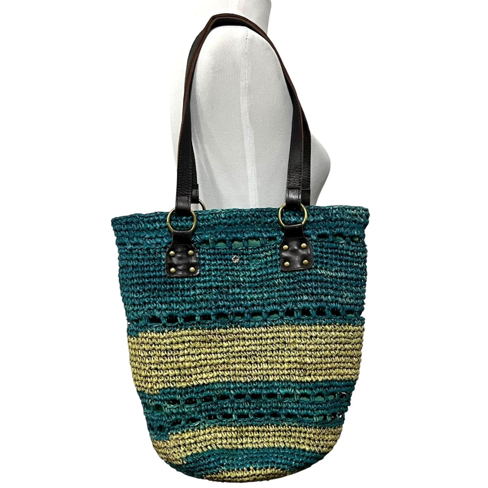 Vintage Flora Bella Raffia Straw Crochet Beach Market Bag Purse Tote Shoulder Bag Blue Leather Straps Women Size ONE SIZE - 2 Thumbnail
