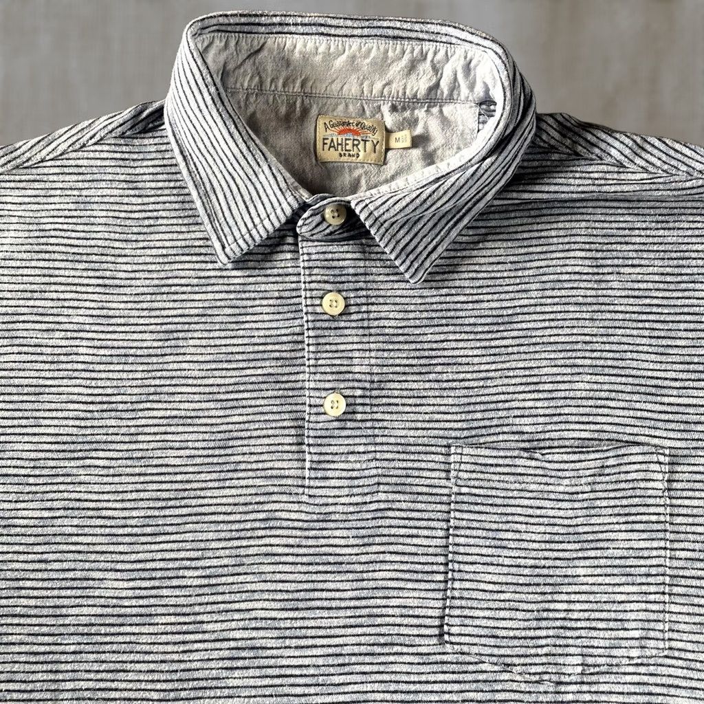 Faherty Faherty Polo Shirt Mens M Blue Gray Striped Organic Cotton Blend Pocket Size US M / EU 48-50 / 2 - 1 Thumbnail