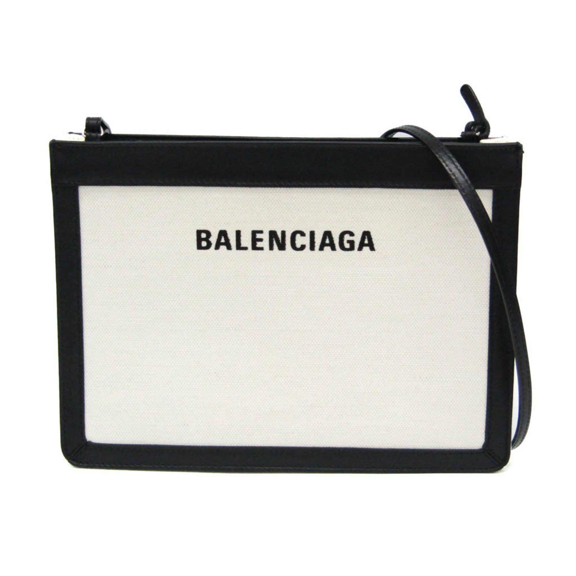 image of Balenciaga Navy Pochette 339937 Men,women Canvas,leather Shoulder Bag Black,off-White, Women's