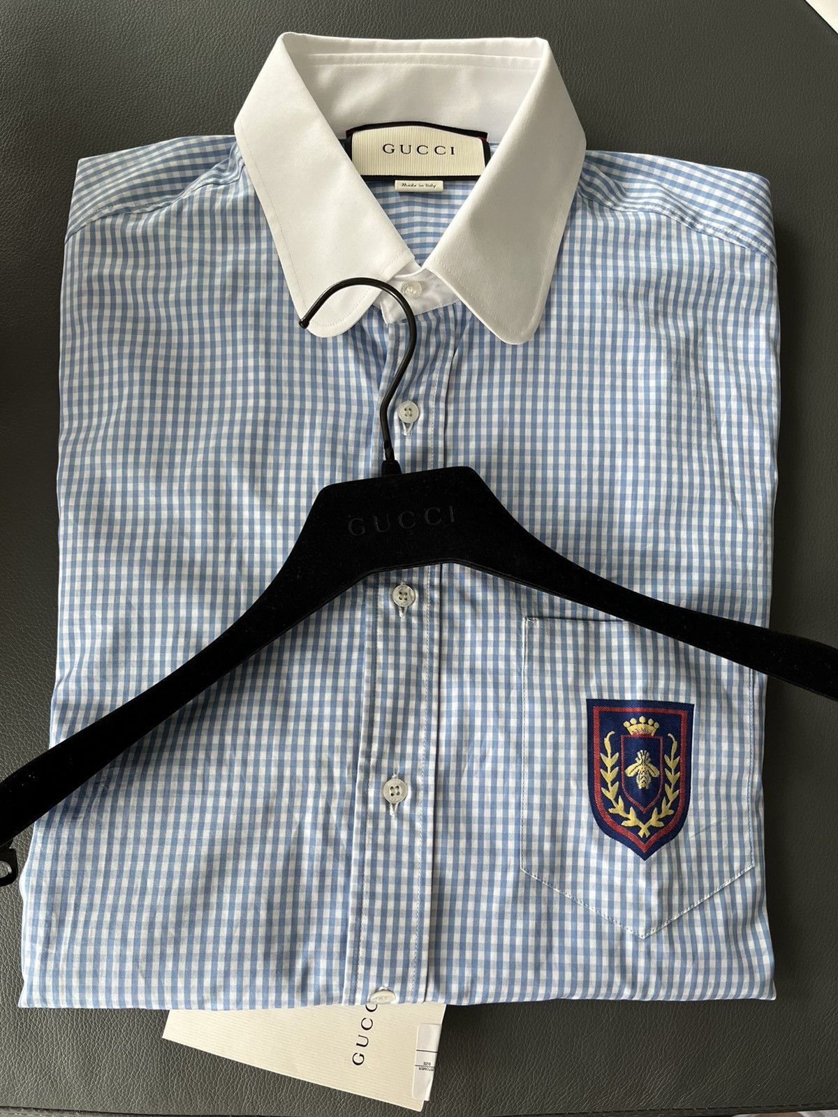 Image of Gucci Super Runway Bee Ivory Oxford Shirt in Blue, Men's (Size XL)