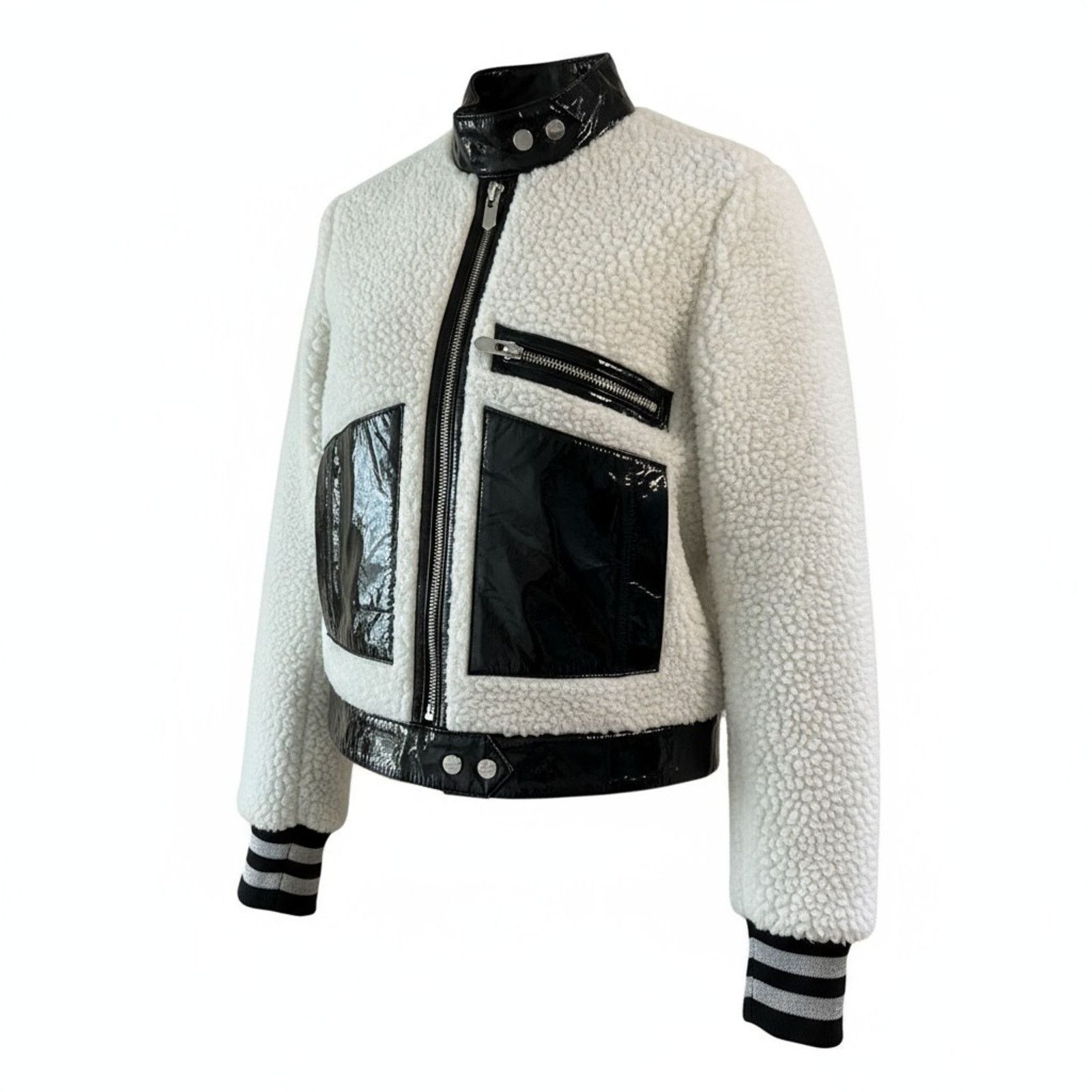 Other Handmade Black & White Shearling Moto Jacket Patent Leather Size XS / US 0-2 / IT 36-38 - 10 Thumbnail