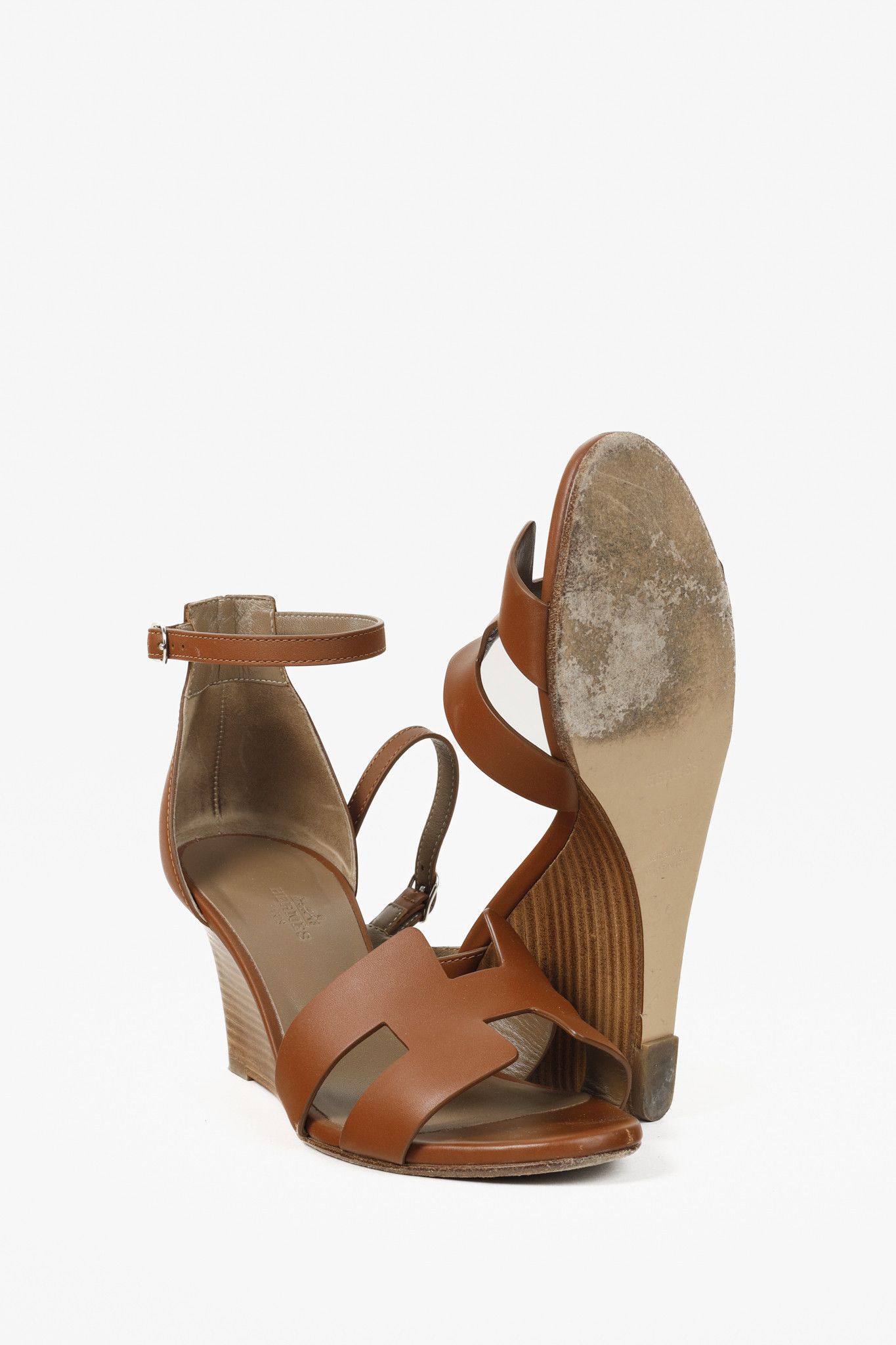 Hermes Hermes Legend Gold Brown H Cut-Out Wedge Sandals Size US 7 / IT 37 - 4 Thumbnail