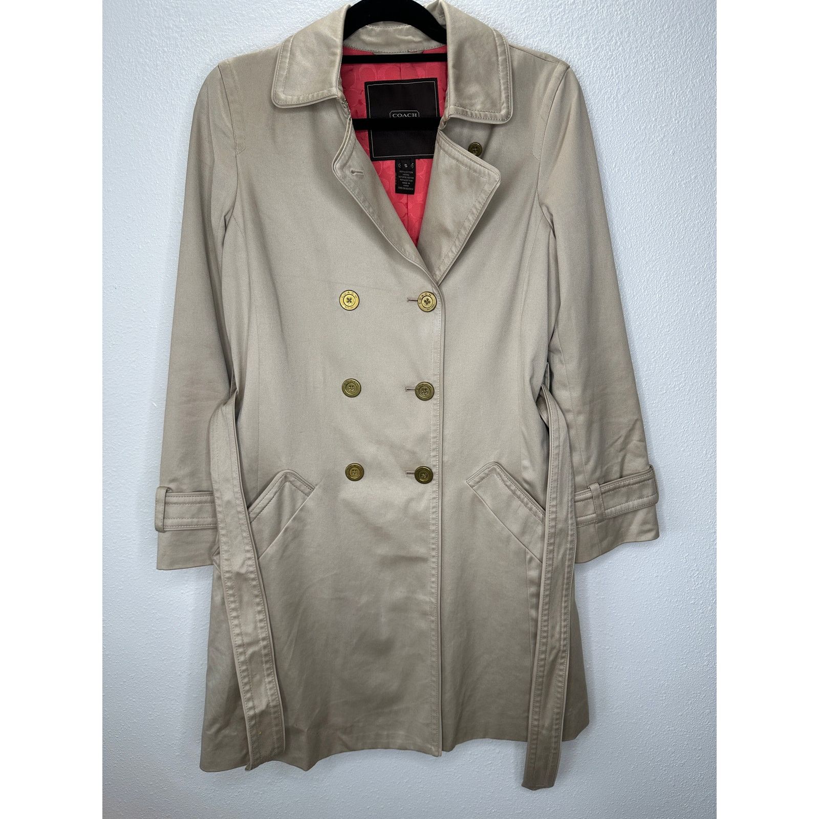 Coach Tan Double Breasted Tie Belt Trench Coat Gold Buttons