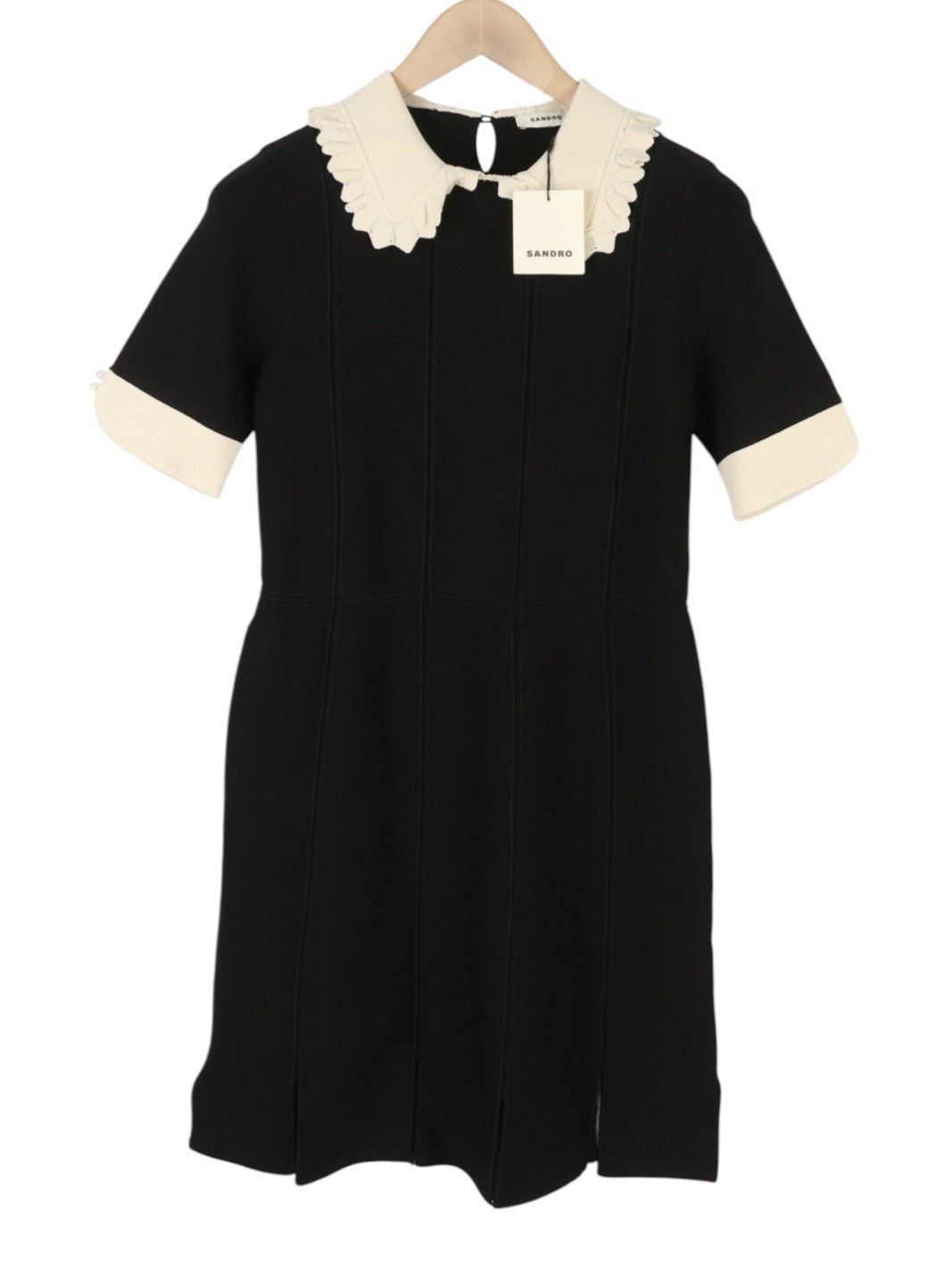Sandro CALINE 40 L Black Contrast Trim Flare Short Sleeve 88494 Size L / US 10 / IT 46 - 4 Thumbnail