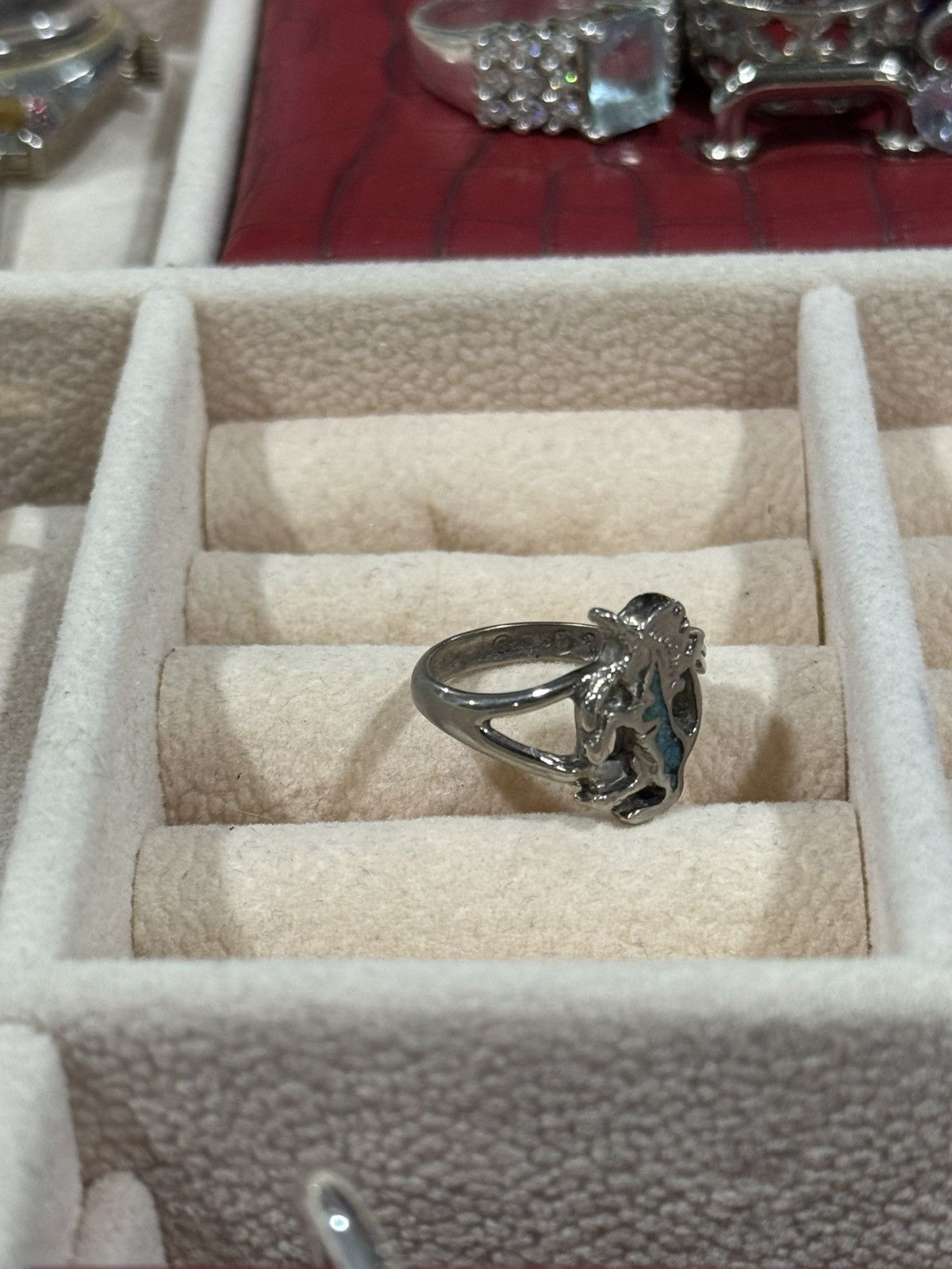 Sterling Silver Vintage 80s Brutalist Sterling Silver Turquoise Inlay Ring Size ONE SIZE - 4 Thumbnail