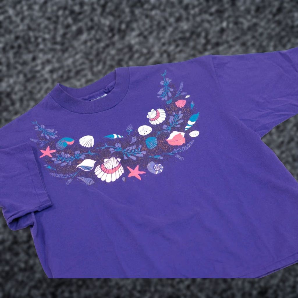 Hanes VINTAGE Hanes Ocean T-Shirt Womens XL Purple 80s 90s Nautical Ocean Seashells Starfish Glitter Cotton Polyester Knit Crew Neck Short Sleeve Size XL / US 12-14 / IT 48-50 - 1 Thumbnail