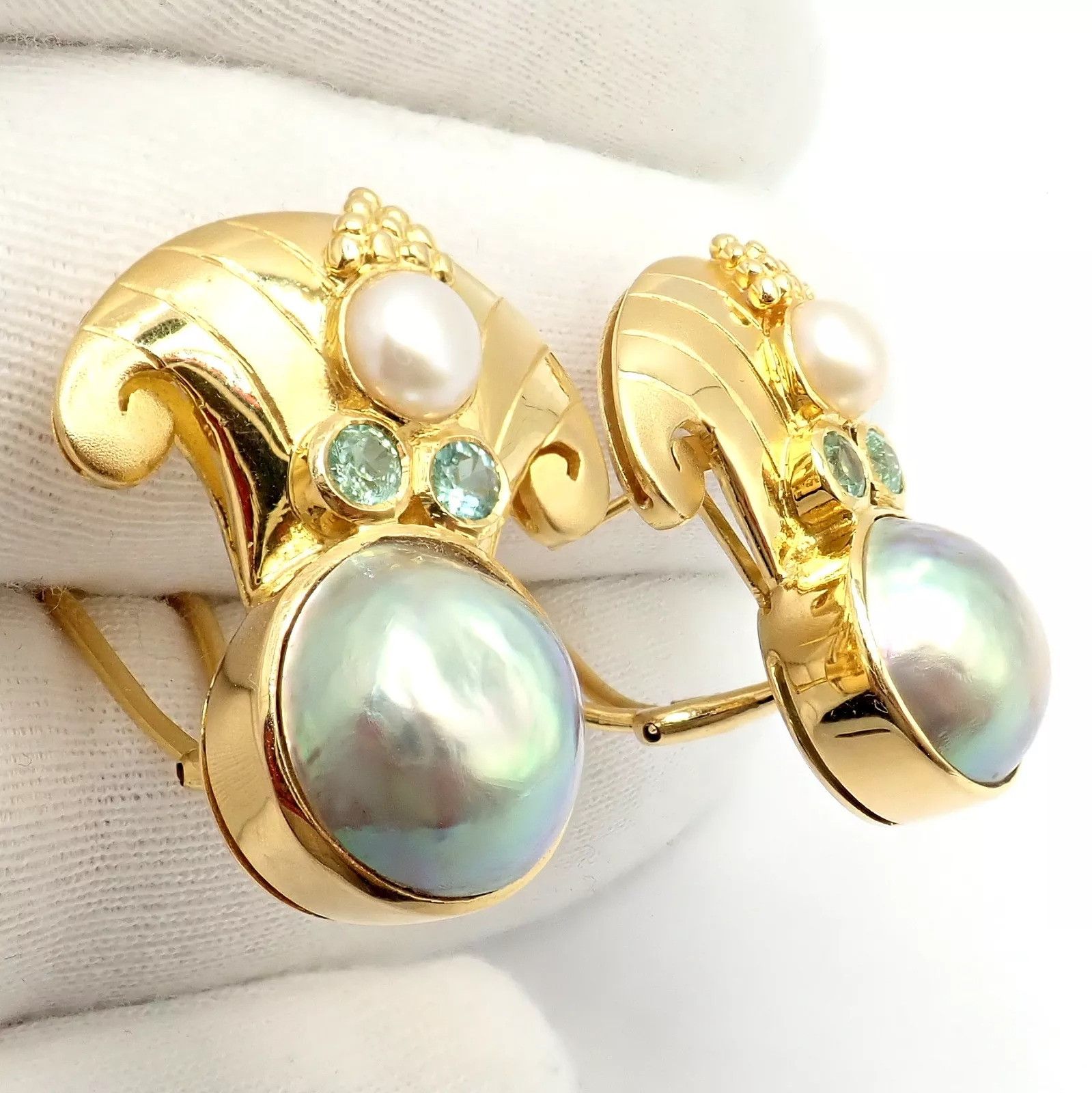 Vintage Paula Crevoshay Gold Abalone Pearl Blue Gemstone Earrings Size ONE SIZE - 3 Thumbnail