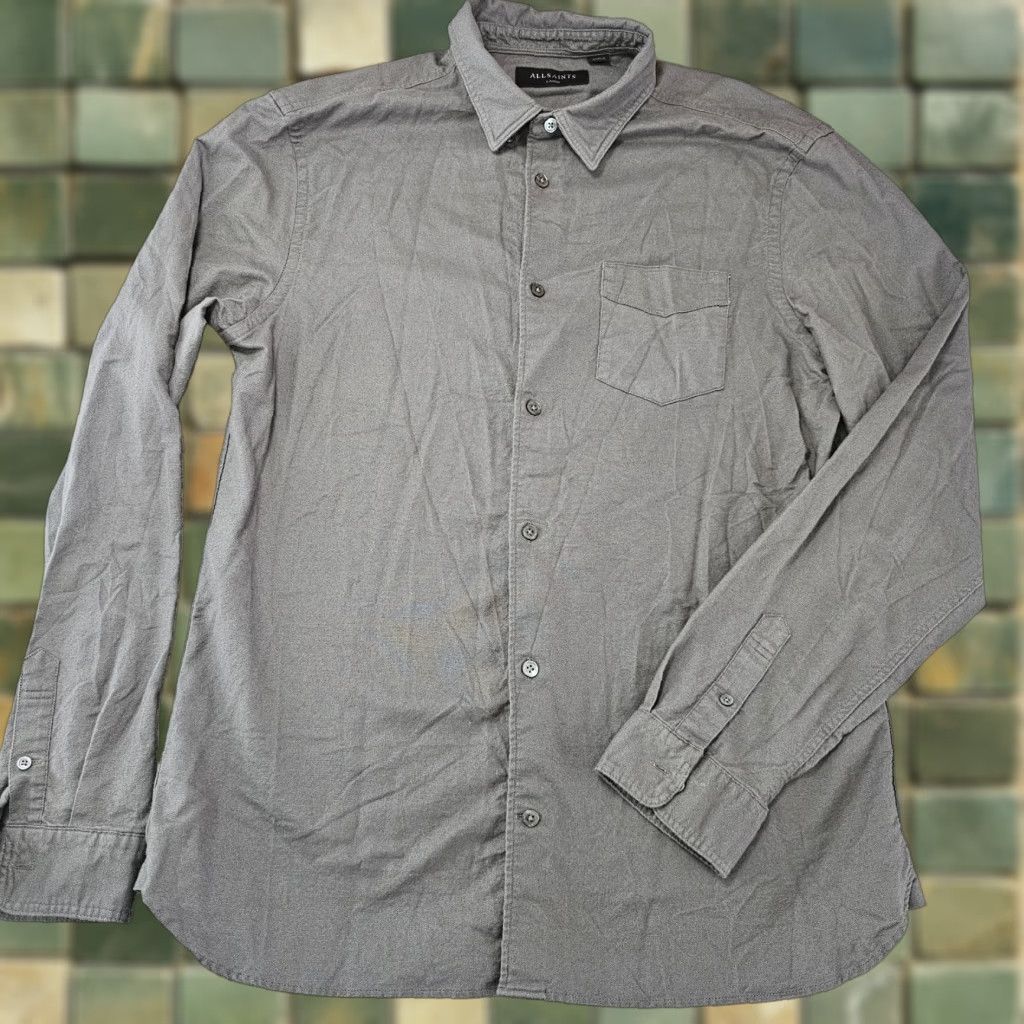 Allsaints AllSaints Shirt Mens Large Slim Grey Stretch Cotton Pocket Button Up Size US L / EU 52-54 / 3 - 1 Thumbnail