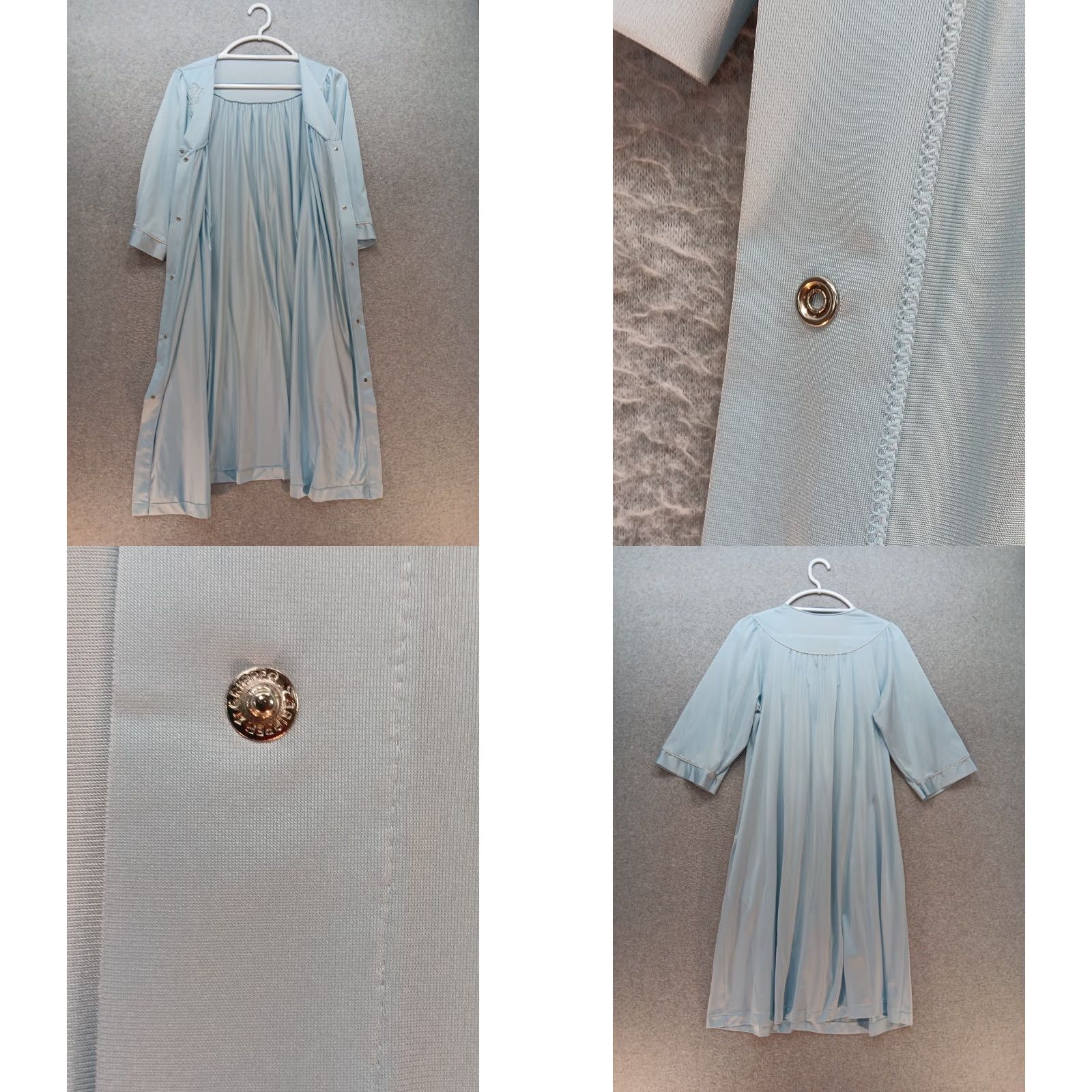 Vintage VTG Shadowline Nylon Robe Size Medium Sky Blue Long Snap Front Lace Trim GUC Size ONE SIZE - 8 Thumbnail