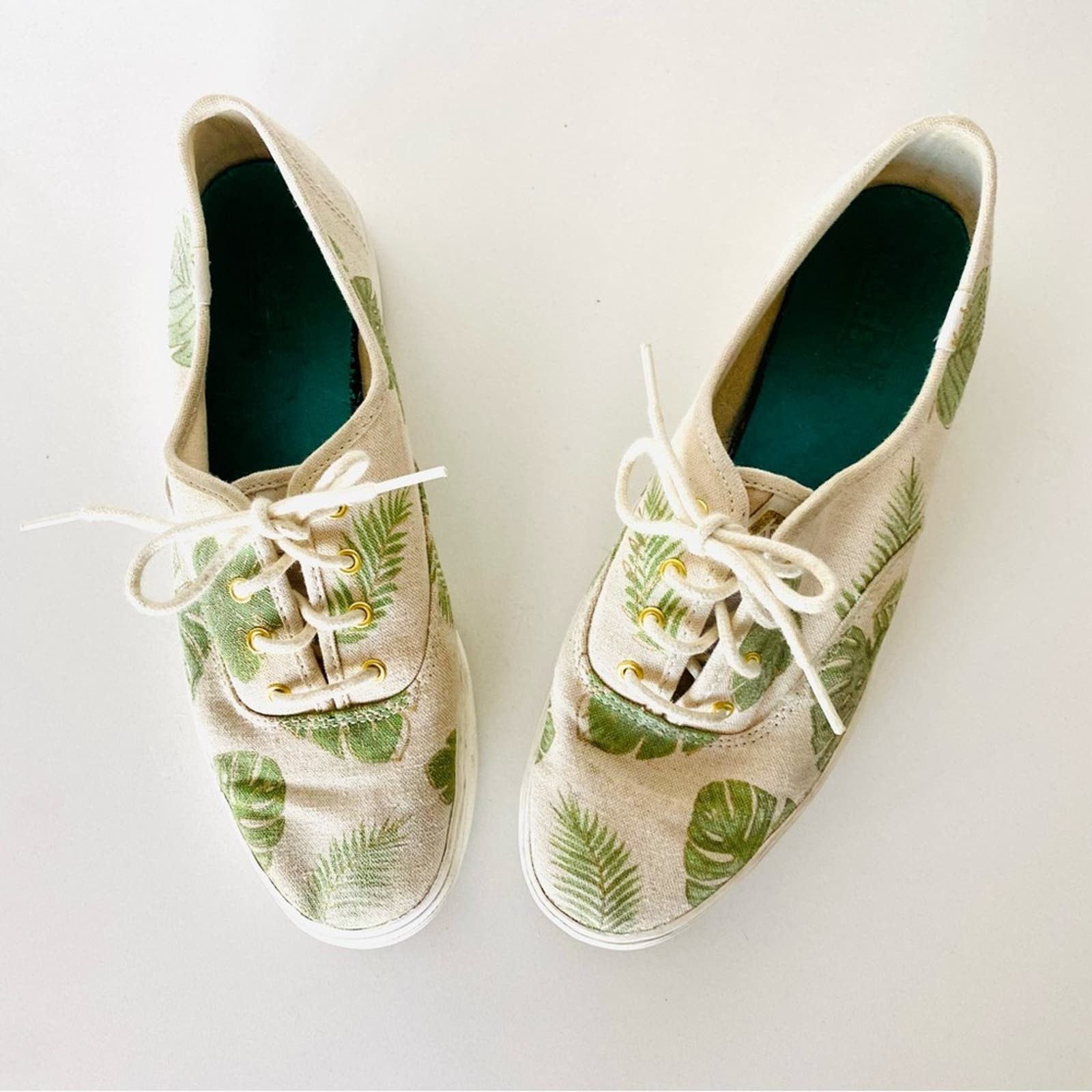 Anthropologie ANTHROPOLOGIE KEDS Cream Green Palm Leaf Platform Sneakers Size US 8.5 / IT 38.5 - 4 Thumbnail