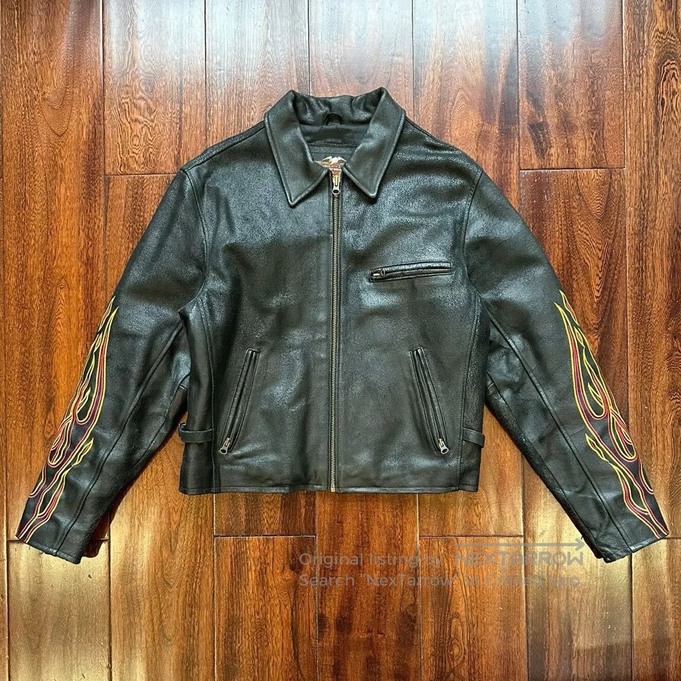 Vintage Harley Davidson Flame Embroidered Leather Jacket.