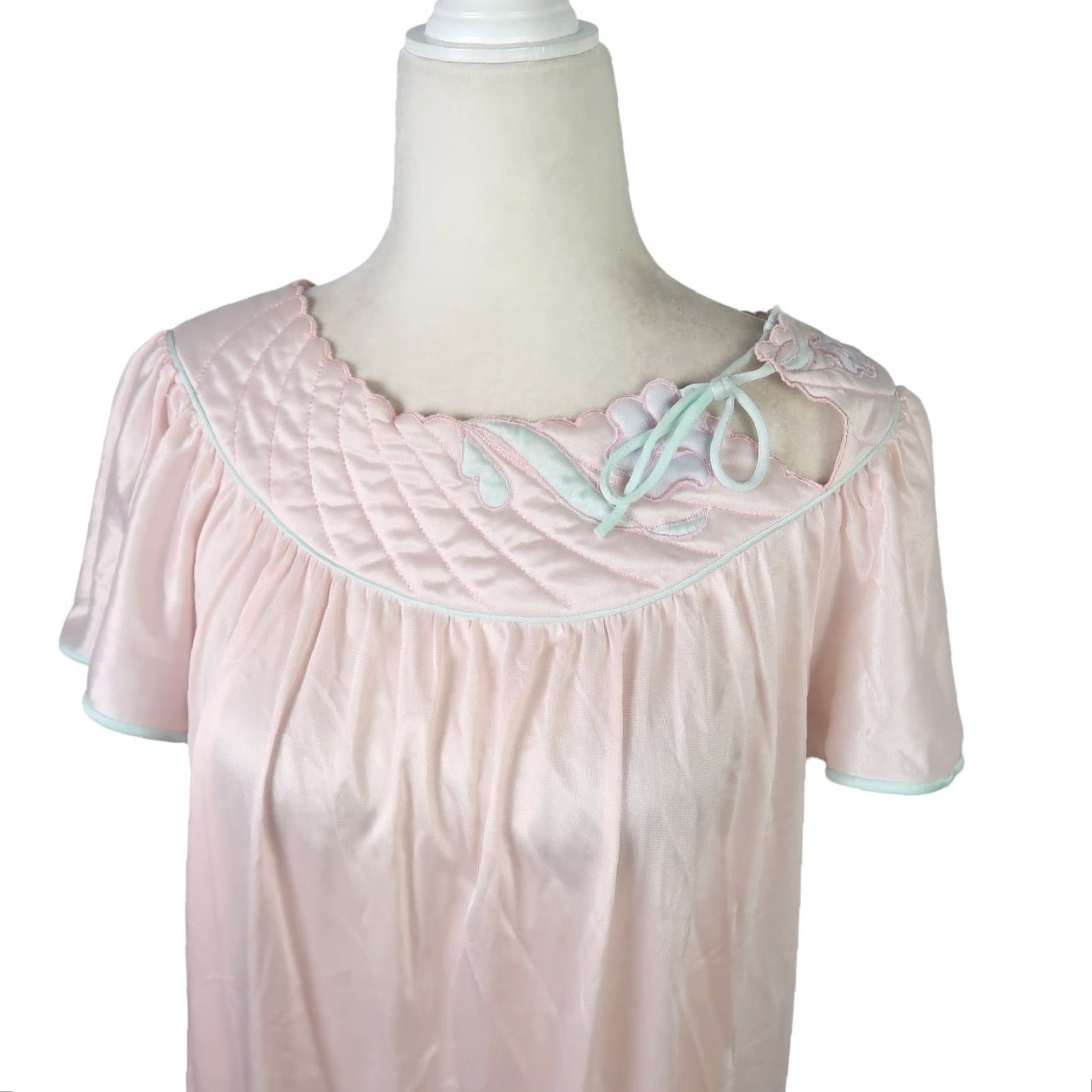 Pinko VINTAGE 80s Val Mode Dress Midi Nightgown Pink Quilted Trim Short Sleeve M Womens Nightgown Dress Size M / US 6-8 / IT 42-44 - 2 Thumbnail