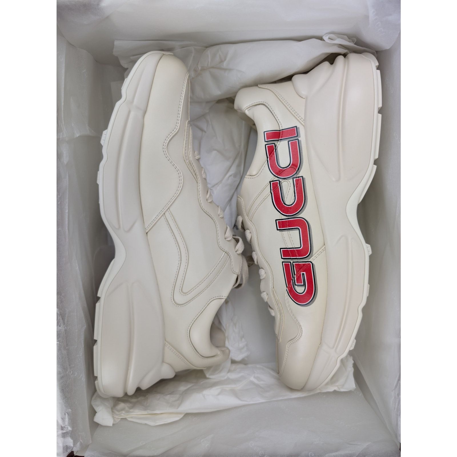 Gucci o1rshd1 Gucci logo print Rhyton leather sneakers in ivory Size US 10.5 / EU 43-44 - 19 Thumbnail