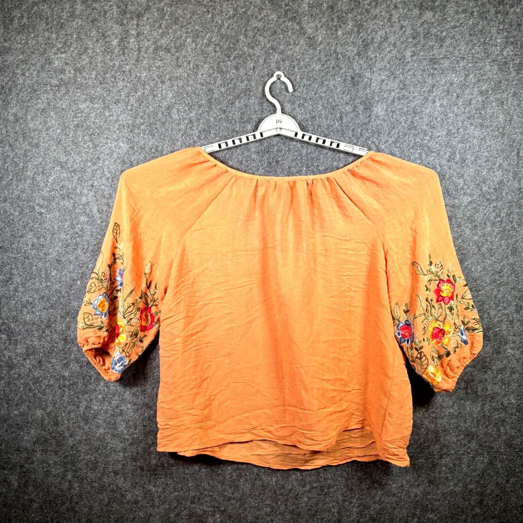 Vintage NYCC Cropped Top Women's 1X Orange Rayon Embroidered Peasant Balloon Sleeve Size XL / US 12-14 / IT 48-50 - 5 Thumbnail