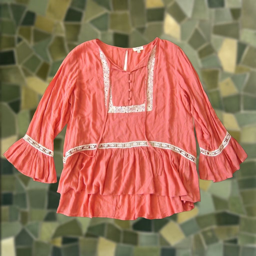 Vintage UMGEE Blouse Shirt Women Long Sleeve Tunic L Orange Ivory Lace Crochet Peasant V-Neck 100% Rayon Size L / US 10 / IT 46 - 1 Thumbnail