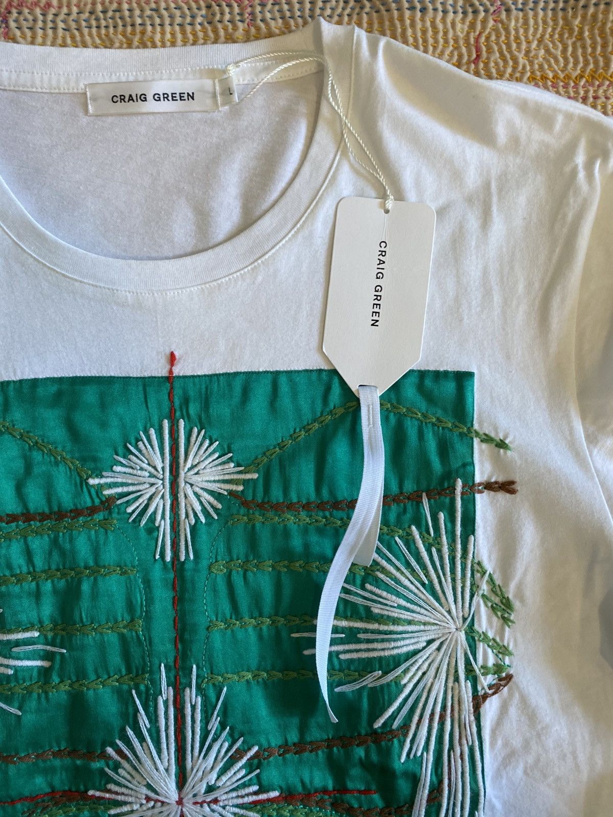 Craig Green Craig Green Hand Embroidered Silk on White Cotton T Shirt Size US L / EU 52-54 / 3 - 5 Thumbnail