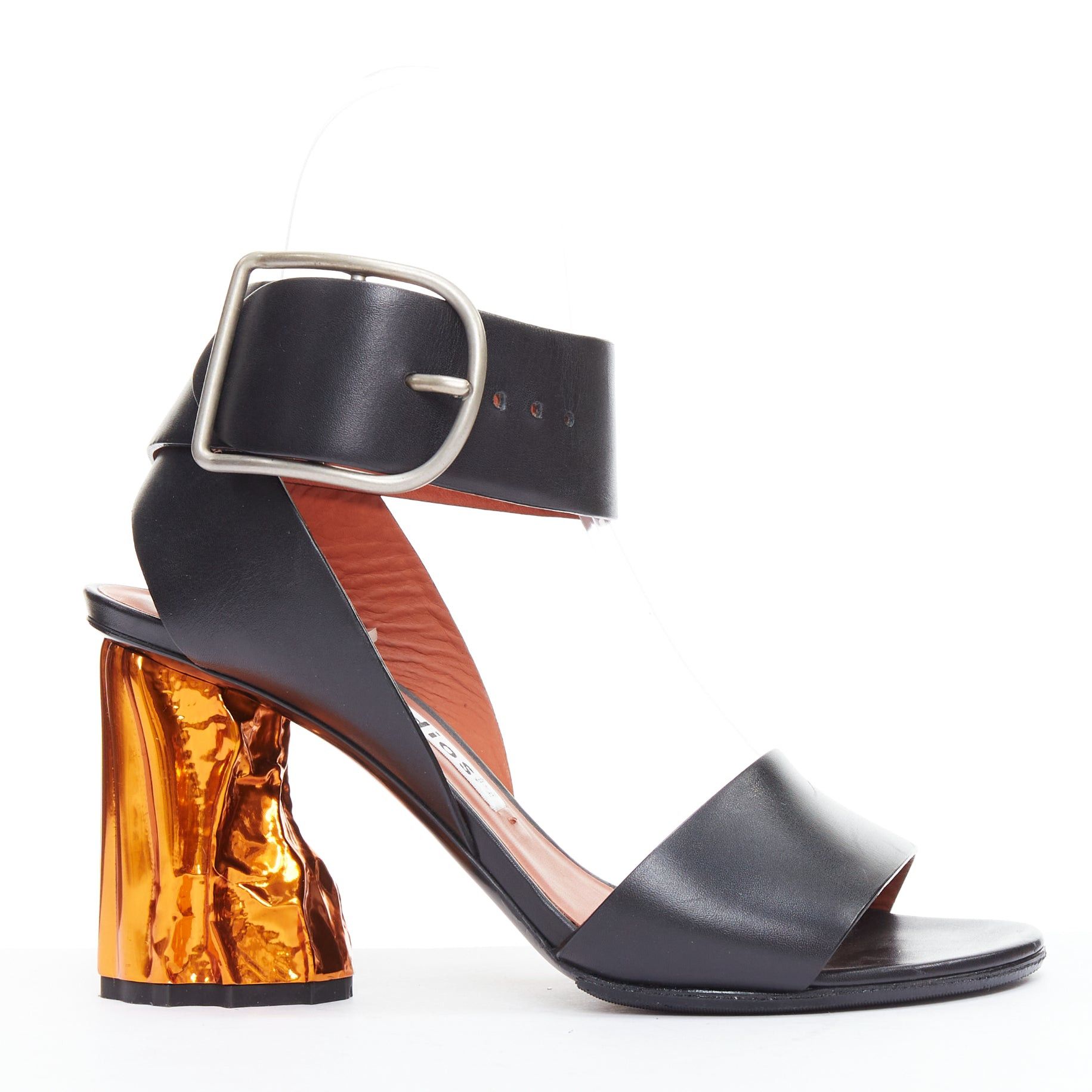 Acne Studios ACNE STUDIOS Obin metallic orange bark heel black leather sandals EU37 Size US 7 / IT 37 - 1 Thumbnail