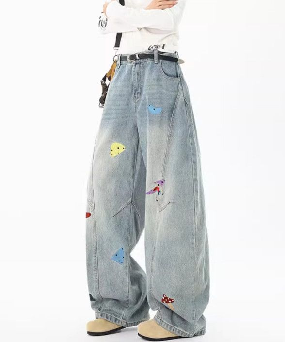 Jean High-street fun embroidered curved blade patchwork jeans Size US 32 / EU 48 - 1 Thumbnail