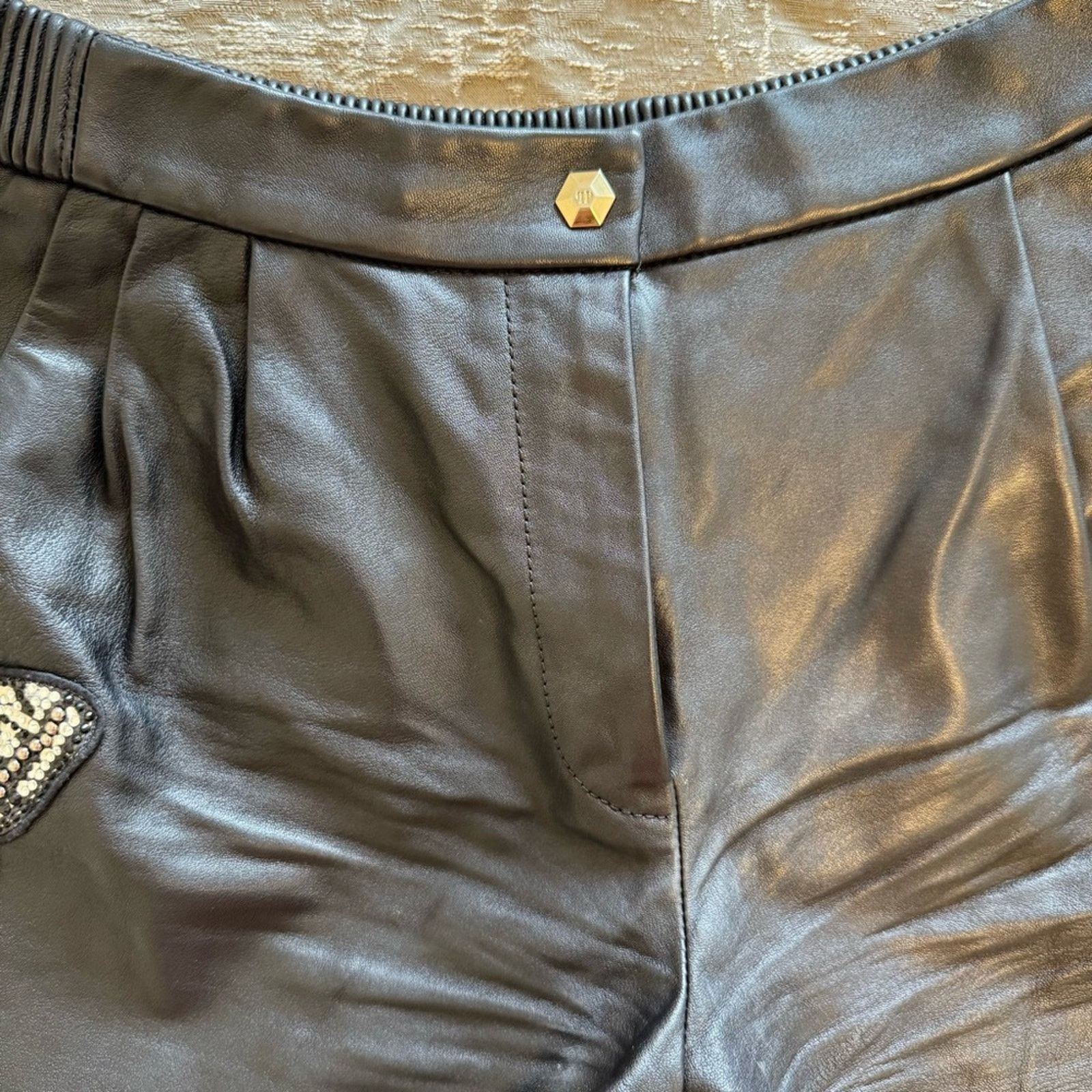 Philipp Plein PHILIP PLEIN Black Leather Shorts with Butterfly, Size S Size 26" / US 2 / IT 38 - 15 Thumbnail