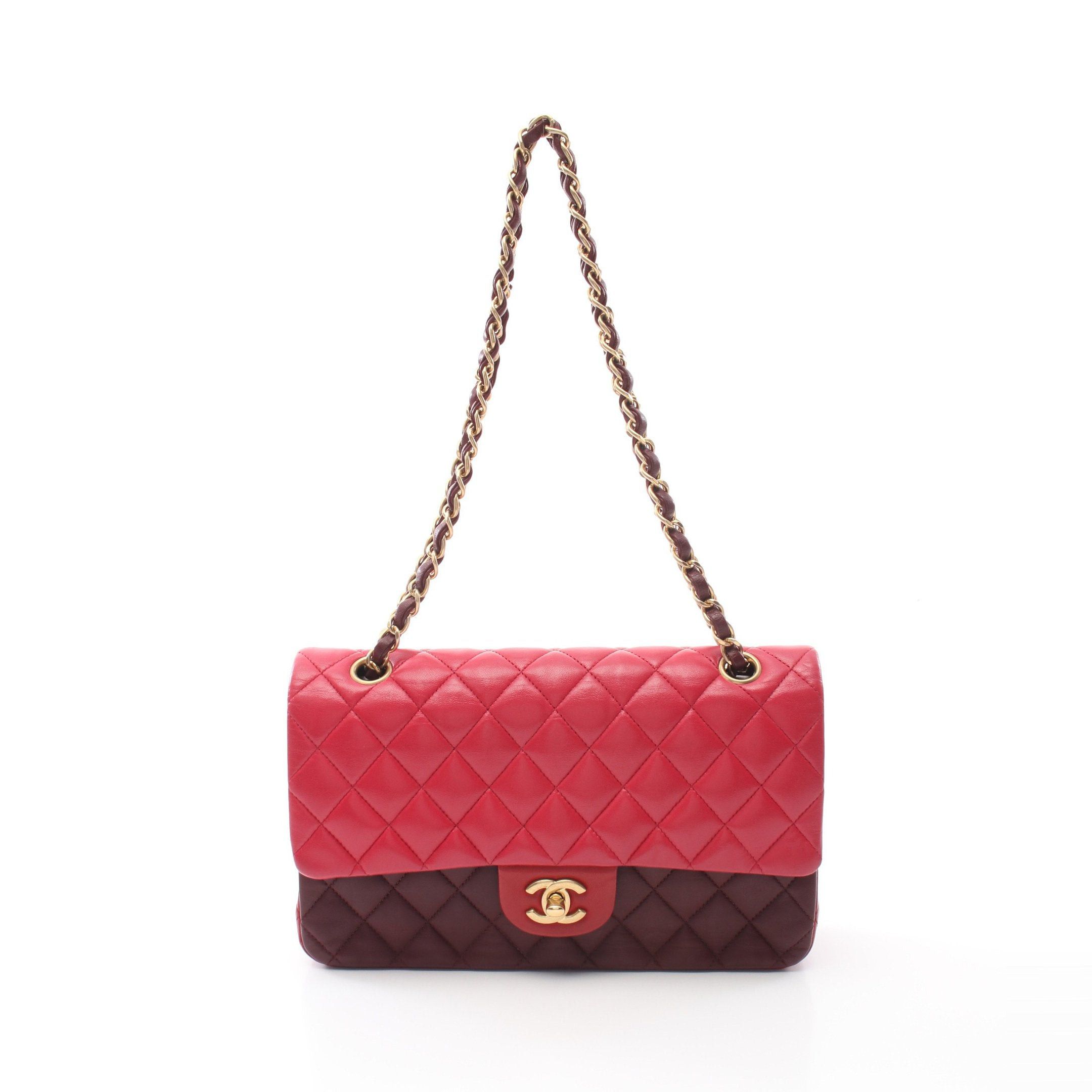 Chanel Matelasse Double Flap Chain Shoulder Bag Lambskin Pink Red Bordeaux Gold Hardware, Women's