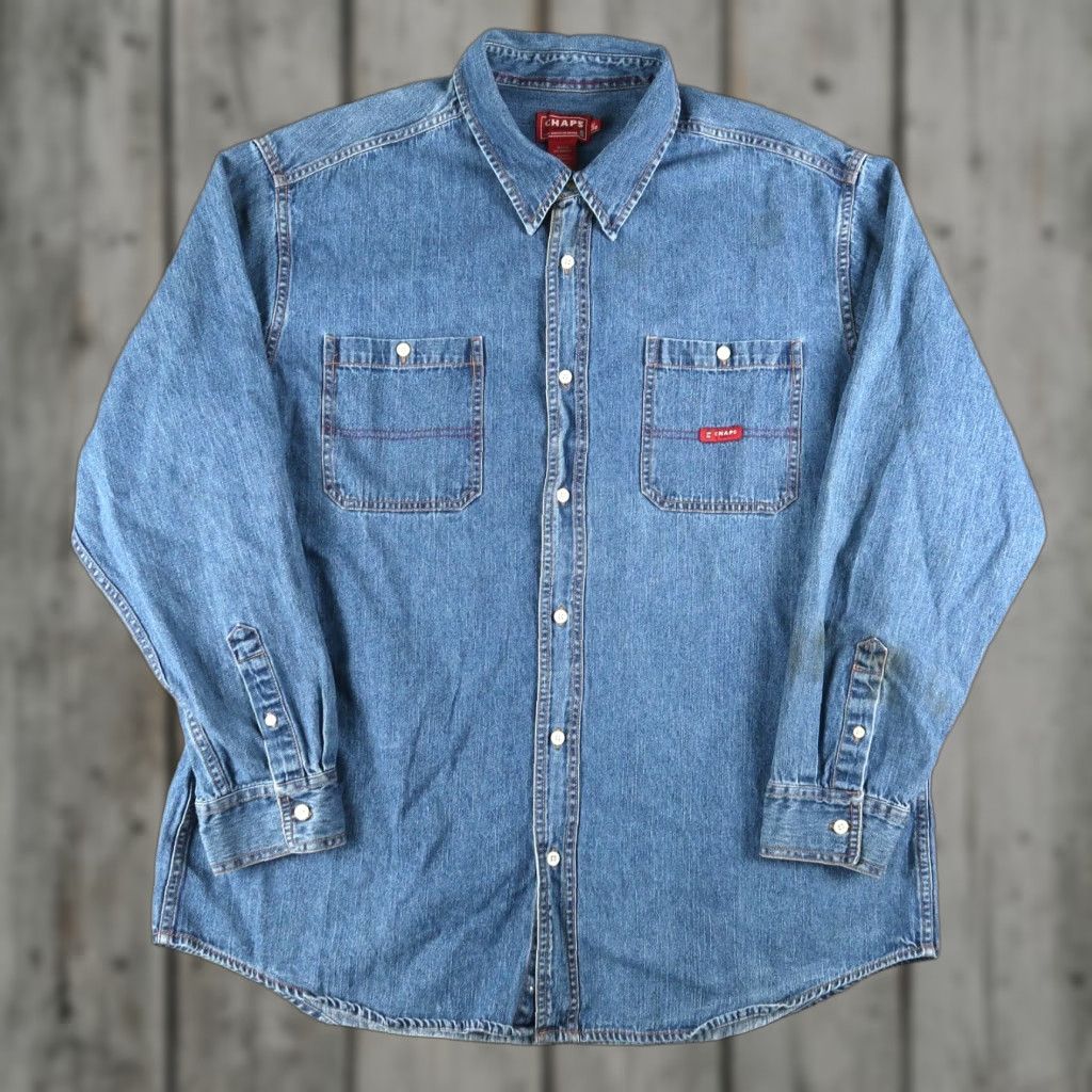 VINTAGE Ralph Lauren Chaps Denim Shirt Men XL Blue 90s Pockets