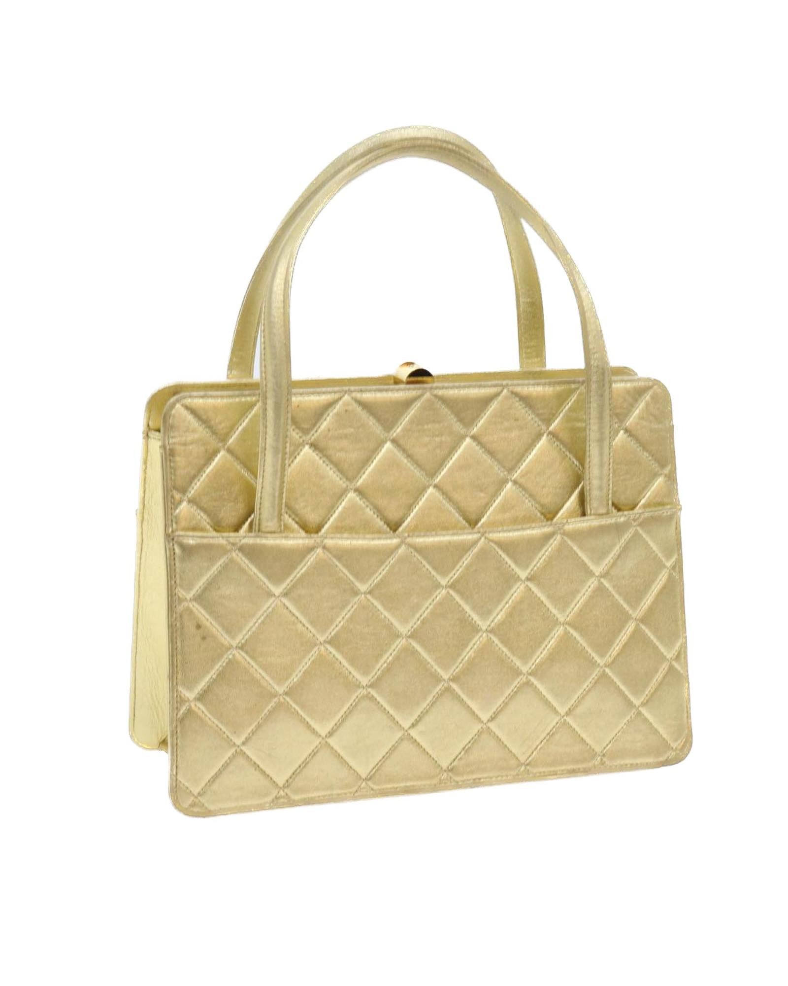 image of Chanel Gold Tone Lamb Skin Hand Bag With Cc Logo, Women's