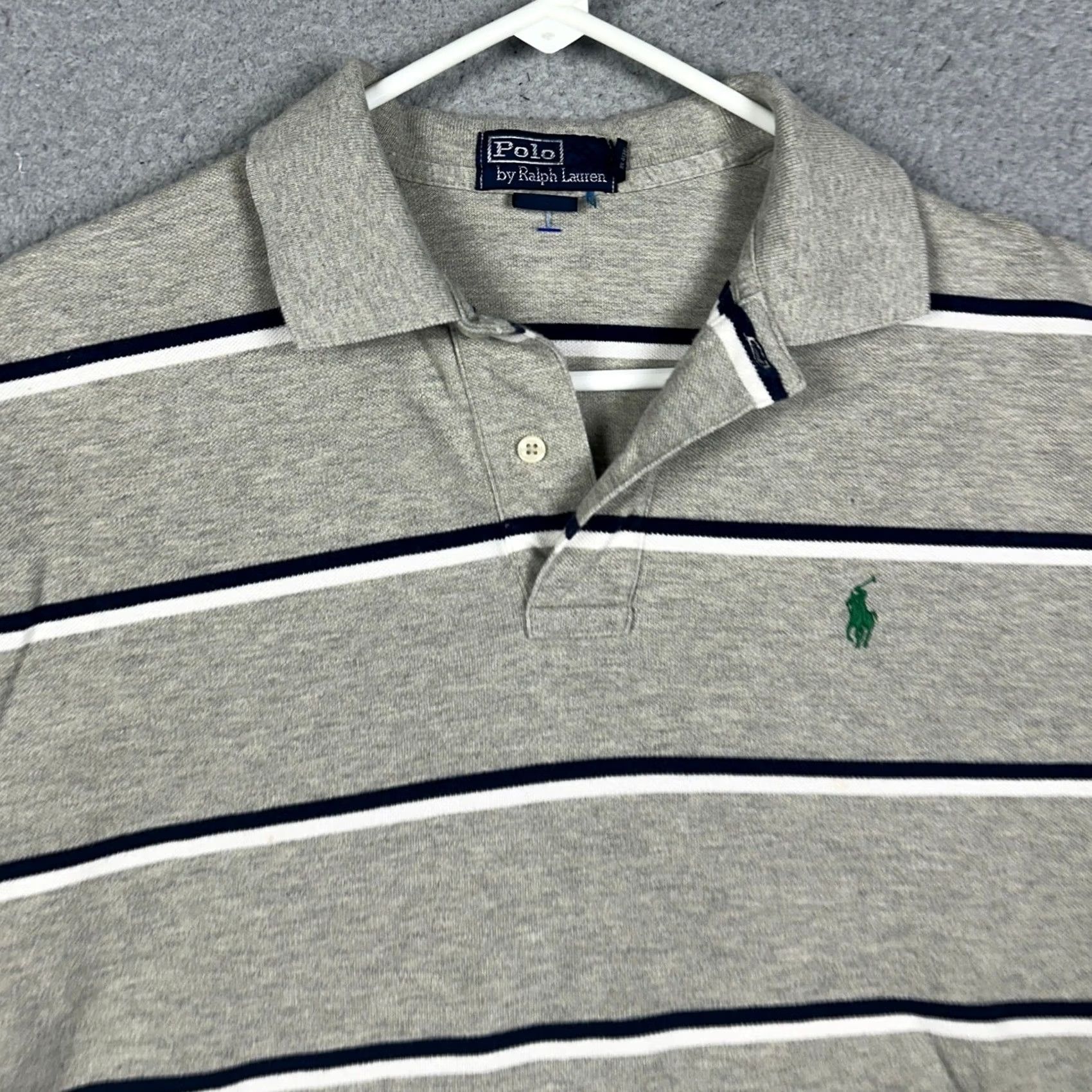 Polo Ralph Lauren Ralph Lauren Polo Shirt Mens Large Gray Striped Polo with Green Pony Embroidery EUC Short Sleeve Shirt Baseball Style? Size US L / EU 52-54 / 3 - 6 Thumbnail