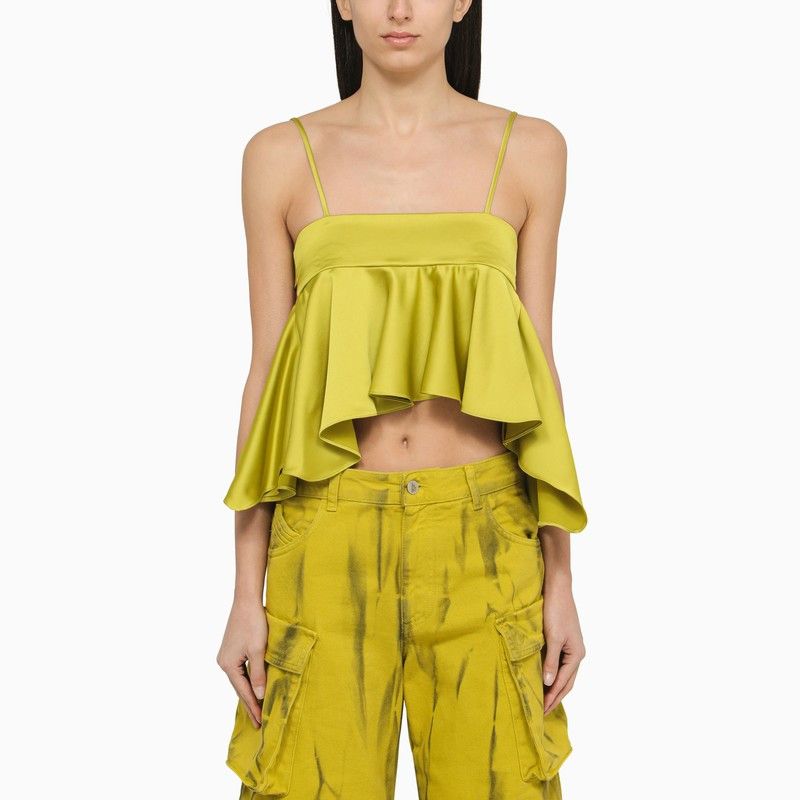 image of The Attico Lime-Coloured Satin Ruffle Top in Yellow, Women's (Size Medium)