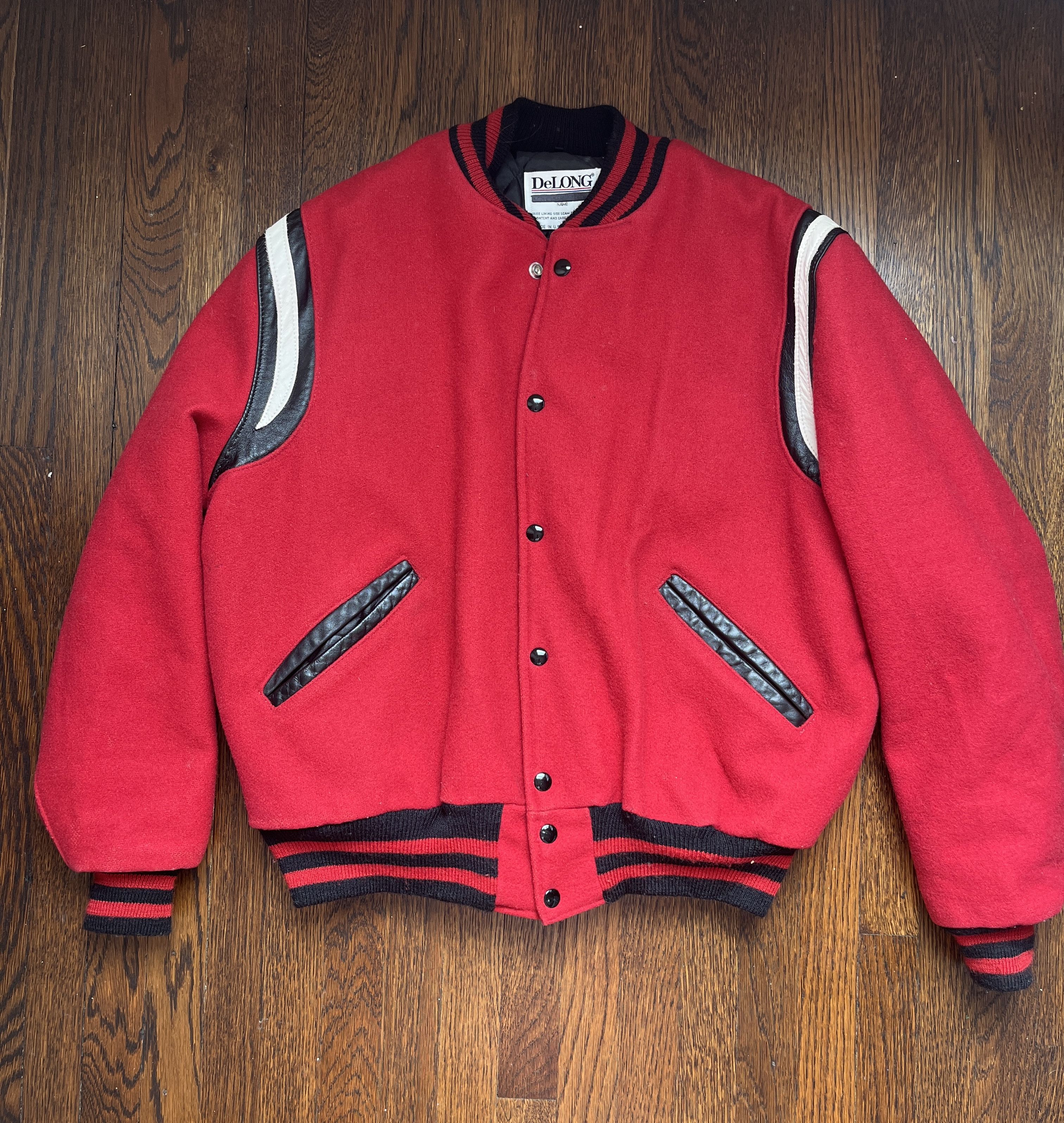 image of Delong Varsity Jackets x Made In USA Vintage Teddy Varsity Letterman Jacket in Blue White Red (Size