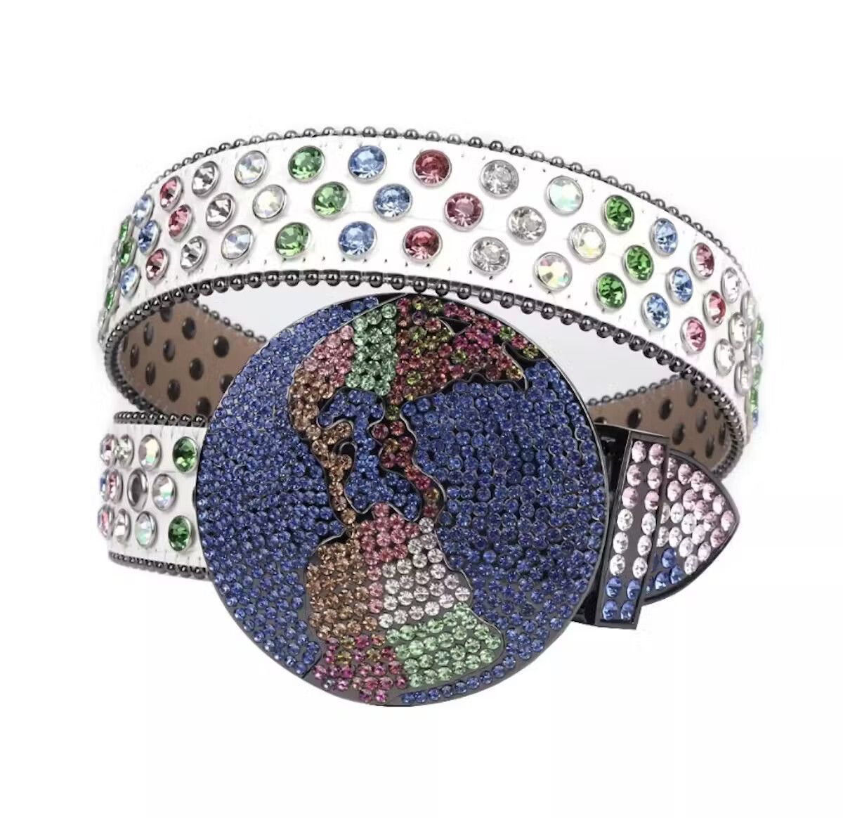 image of Designer Rhinestone Studded Belt in White, Men's