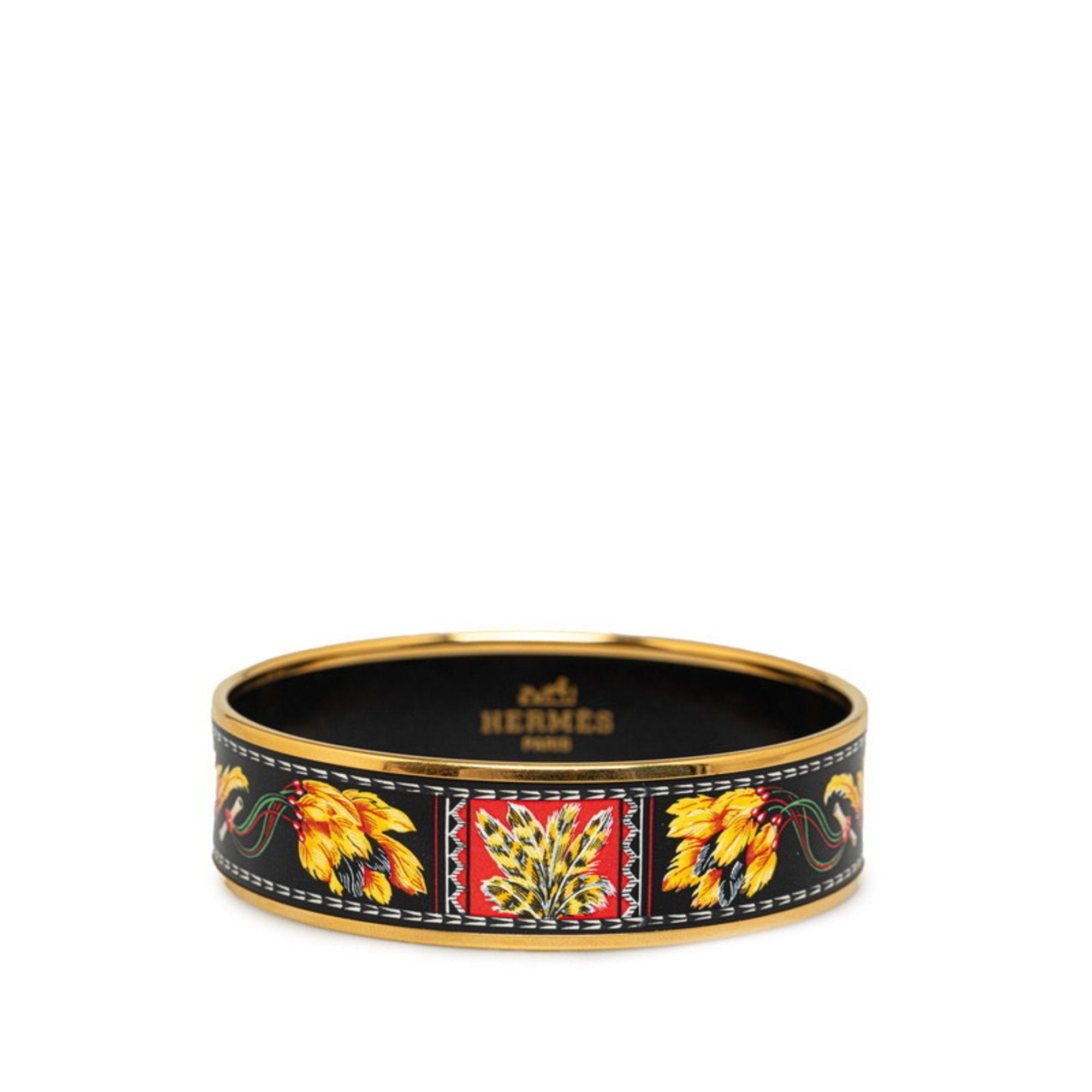 image of Hermes Enamel Gm Feather Cloisonne Bangle Gold Black Multicolor Plated Women's