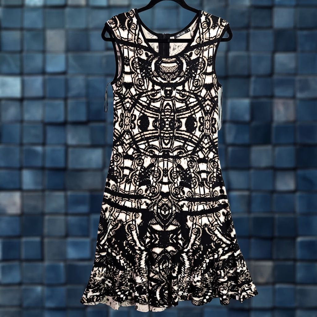 NIC+ZOE NIC+ZOE Black Cream Abstract Fit Flare Dress Knitted Modern Chic Size M Size M / US 6-8 / IT 42-44 - 1 Thumbnail