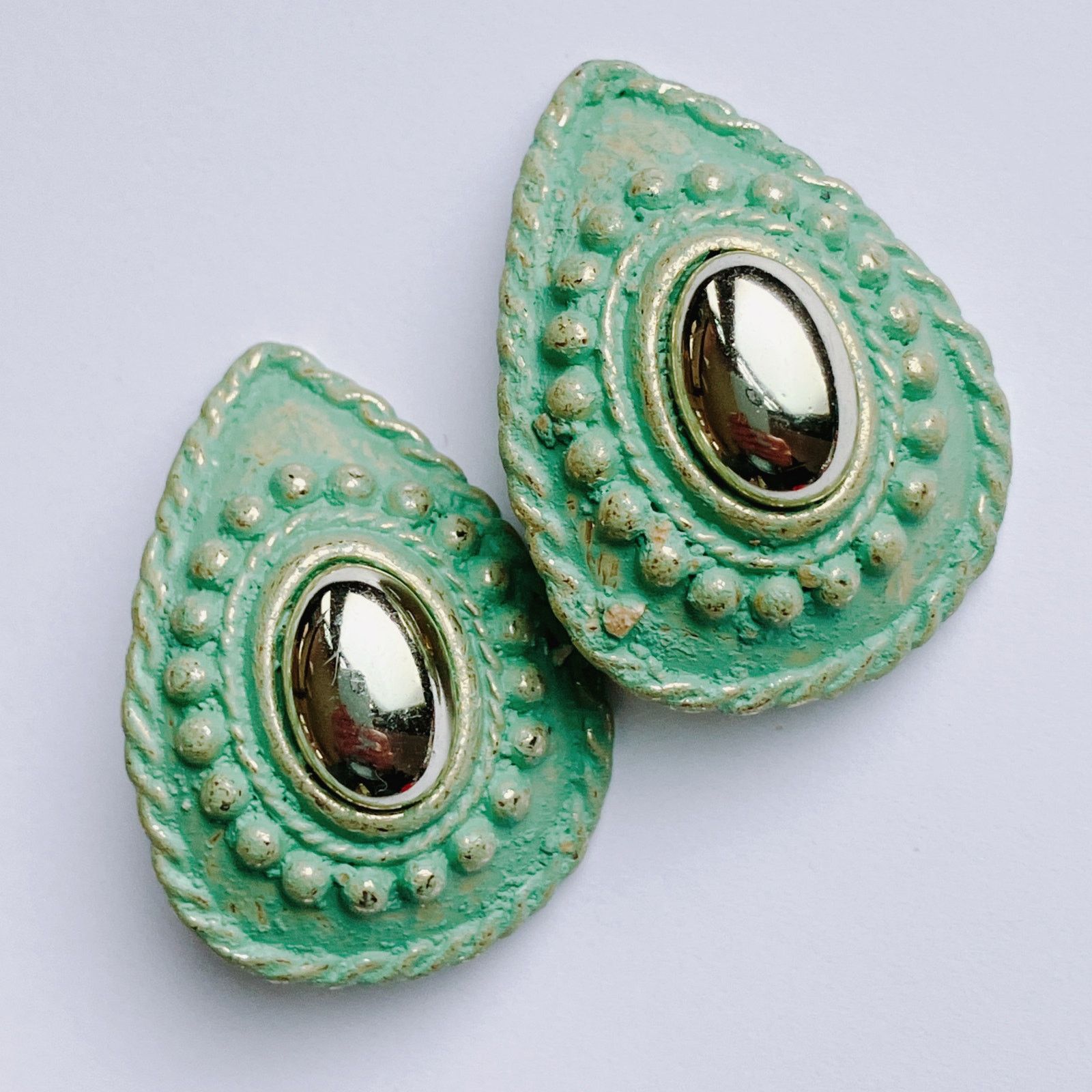 Vintage VTG 80s Mint Green Clip On Earrings Teardrop Reflective Size ONE SIZE - 6 Thumbnail