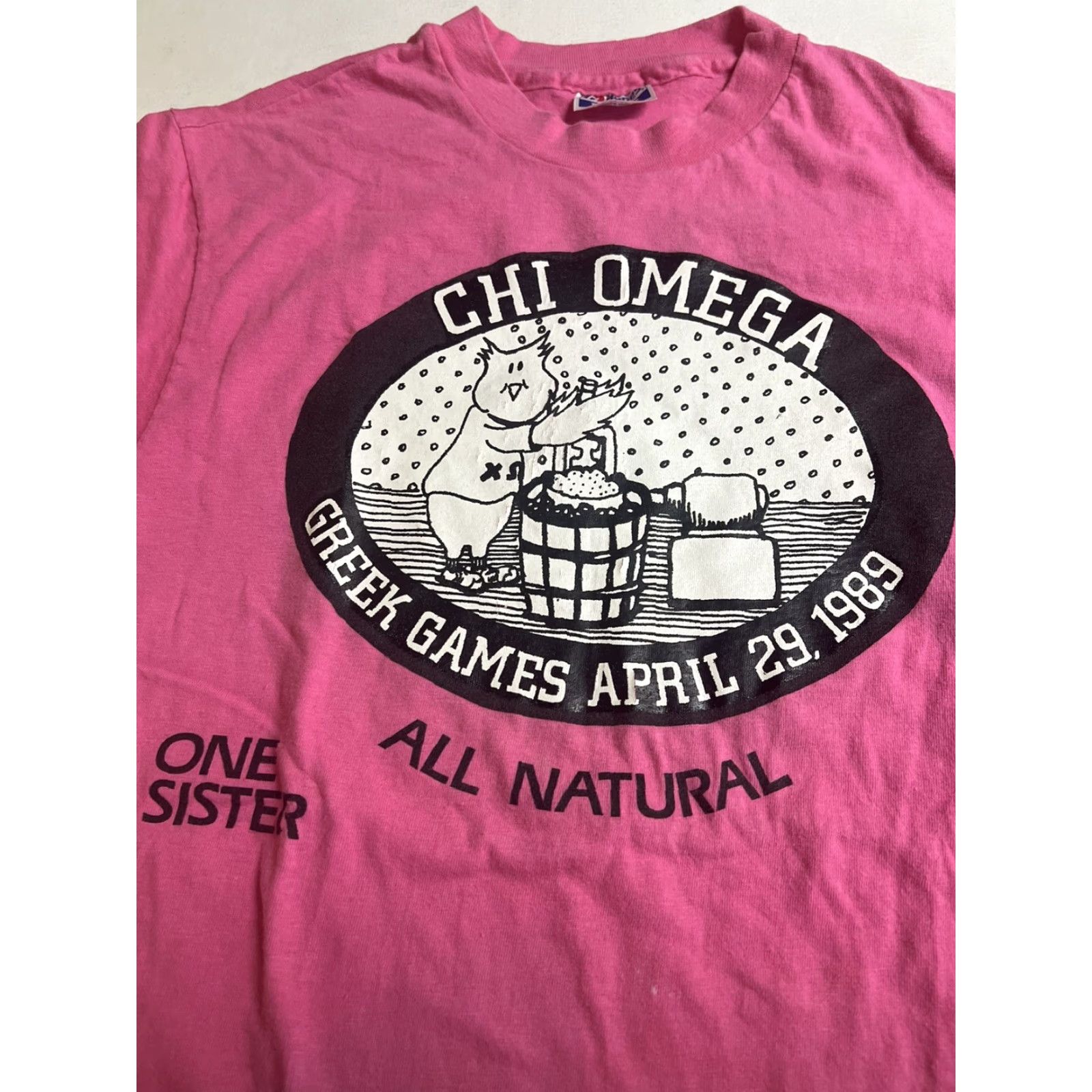 Hanes VINTAGE 80s Chi Omega Classic Delaware T Shirt Adult XL Pink Mens Single Stitch Hanes Cotton Graphic Tee Sportswear/Beach 1980s Mens Size US XL / EU 56 / 4 - 7 Thumbnail